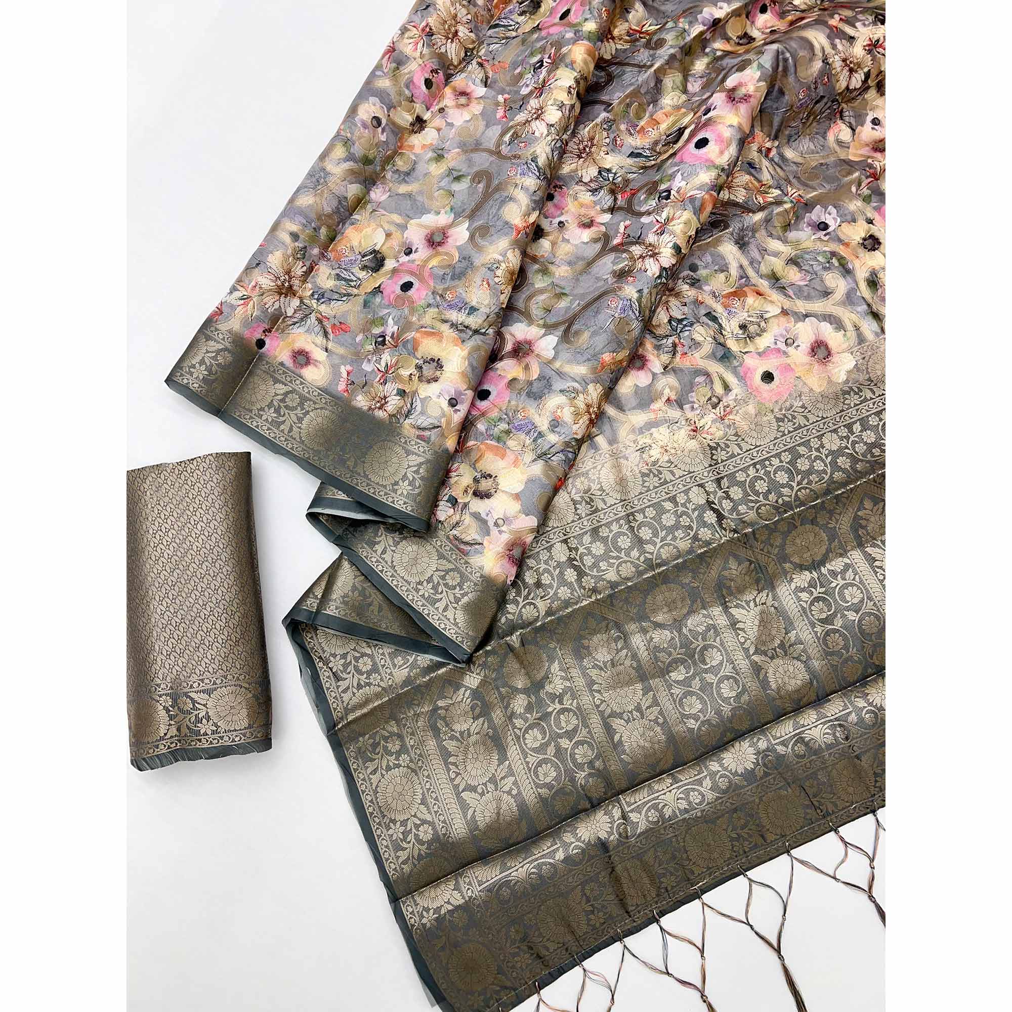 Stylish Grey Floral Woven & Digital Printed Silk Blend Saree With Tassel Pallu