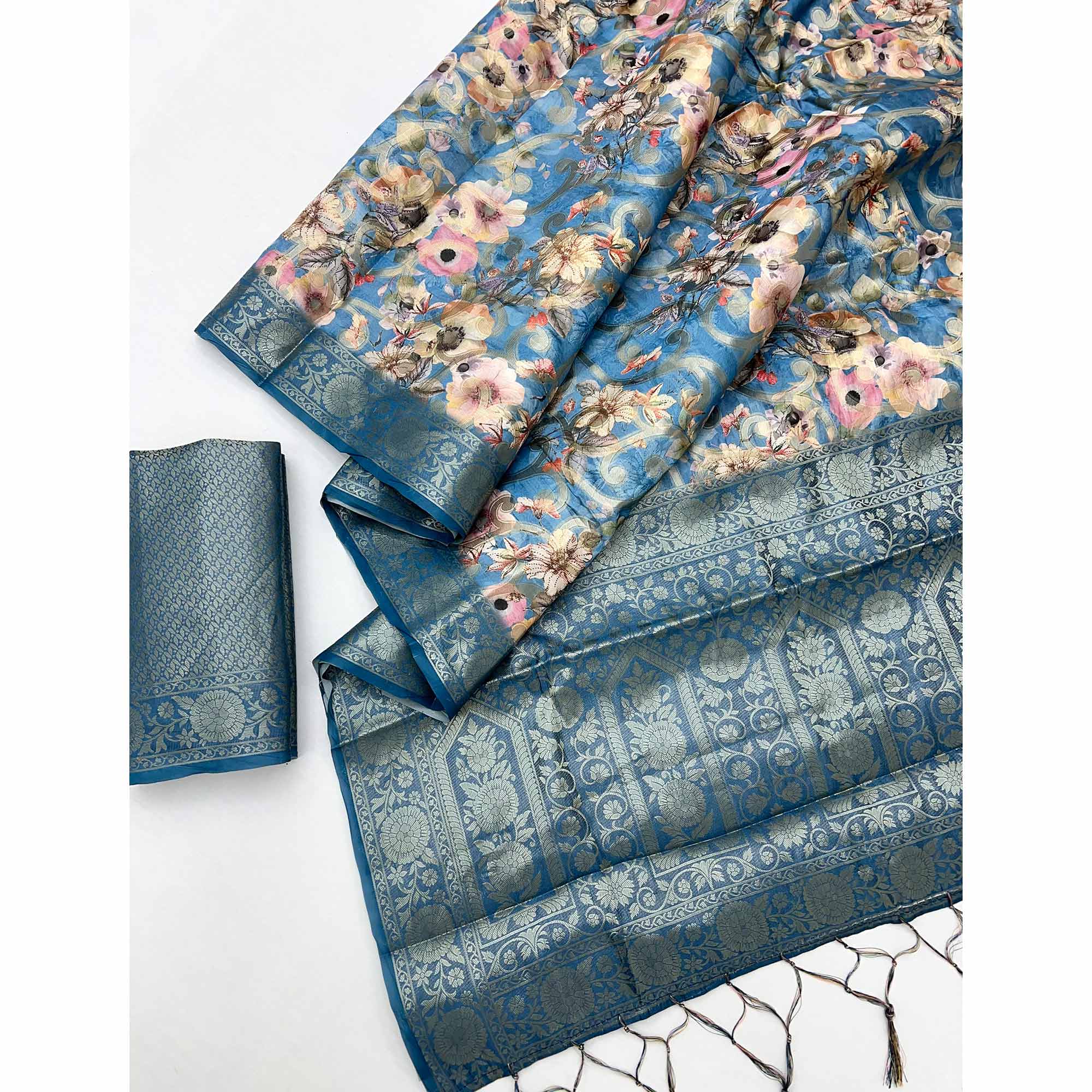 Stylish Blue Floral Woven & Digital Printed Silk Blend Saree With Tassel Pallu