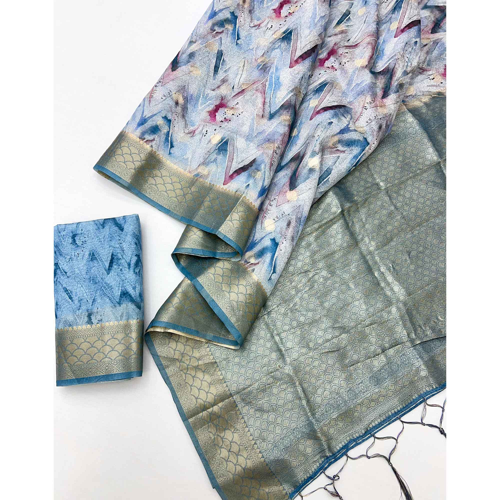 Elegant Blue Silk Blend Saree With Zig-Zag Digital Print & Weaving Work