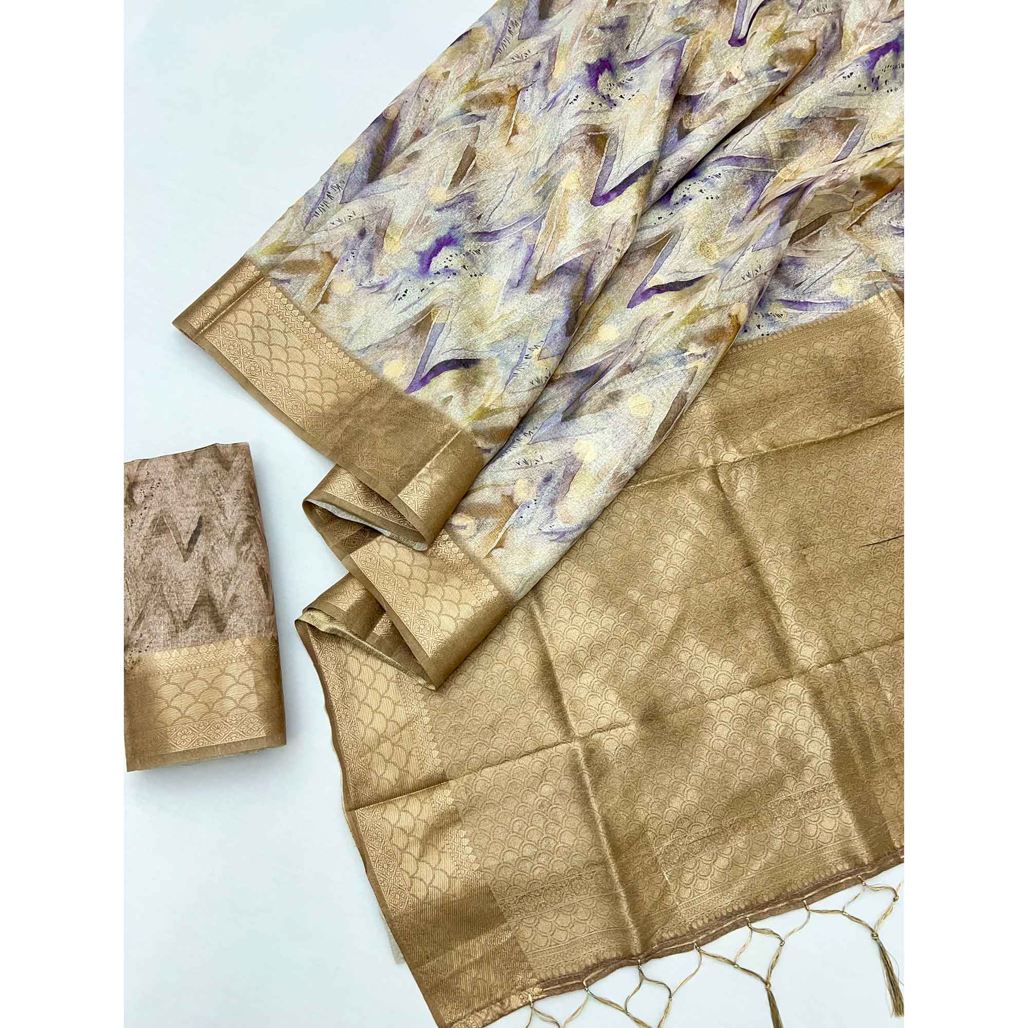 Elegant Chikoo Silk Blend Saree With Zig-Zag Digital Print & Weaving Work