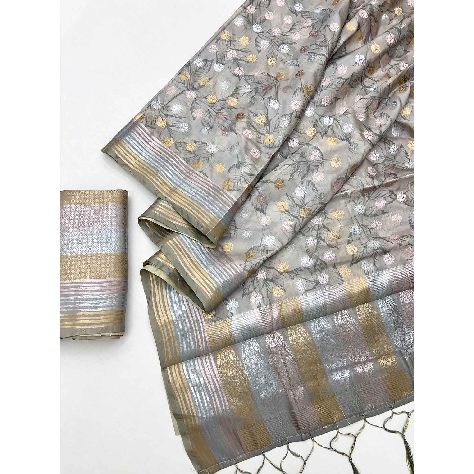 Grey Floral Motif Weaving & Artistic Digital Printed Silk Blend Saree With Tassel Pallu