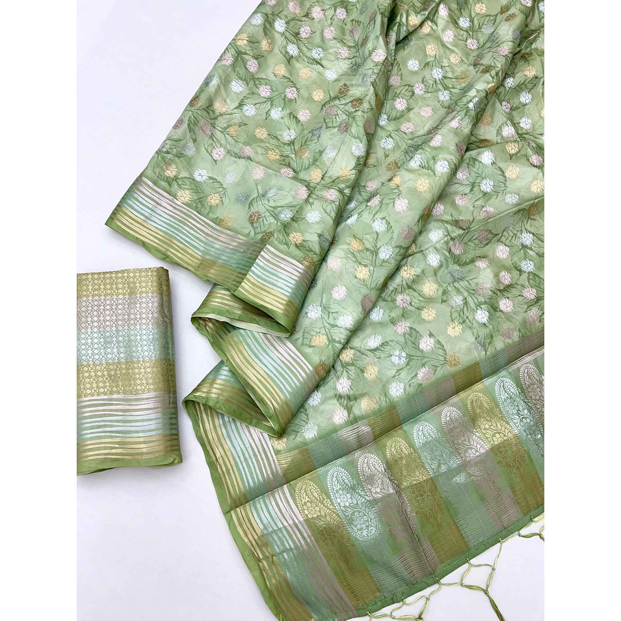 Green Floral Motif Weaving & Artistic Digital Printed Silk Blend Saree With Tassel Pallu