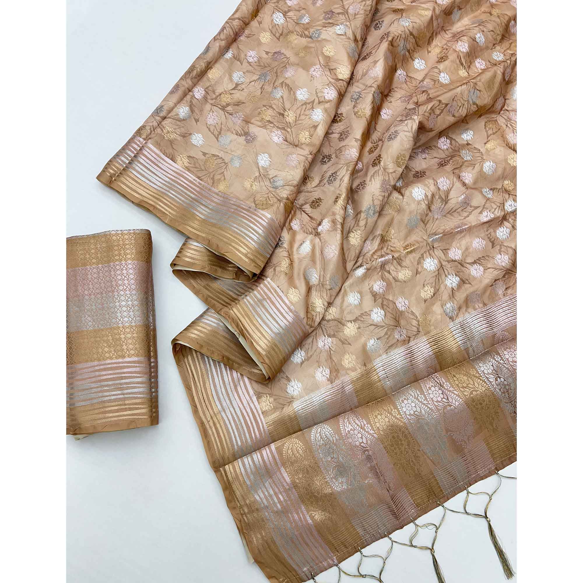 Dusty Peach Floral Motif Weaving & Artistic Digital Printed Silk Blend Saree With Tassel Pallu