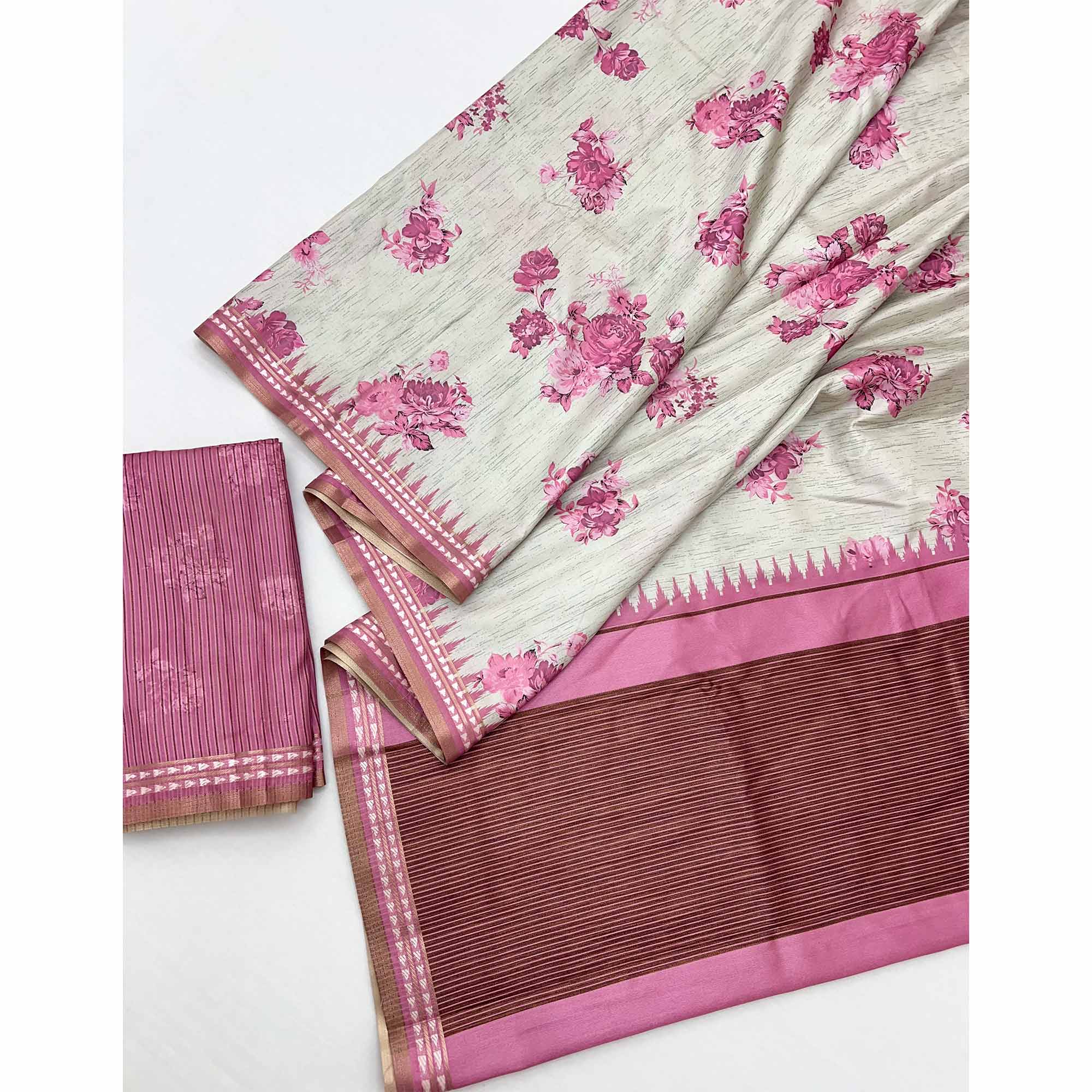 Charming Pink Silk Blend Saree Featuring Floral Digital Prints & Zari Border