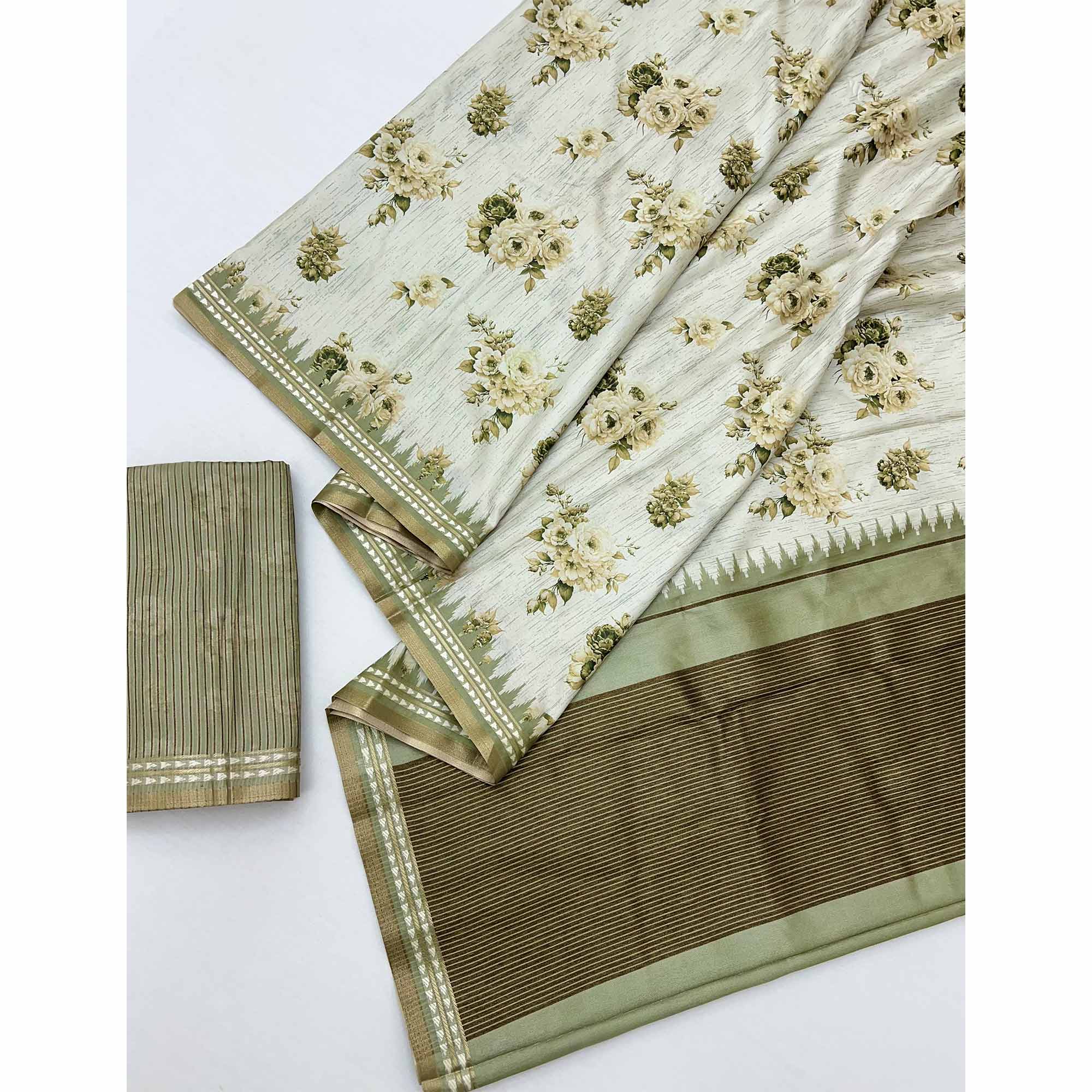 Charming Green Silk Blend Saree Featuring Floral Digital Prints & Zari Border