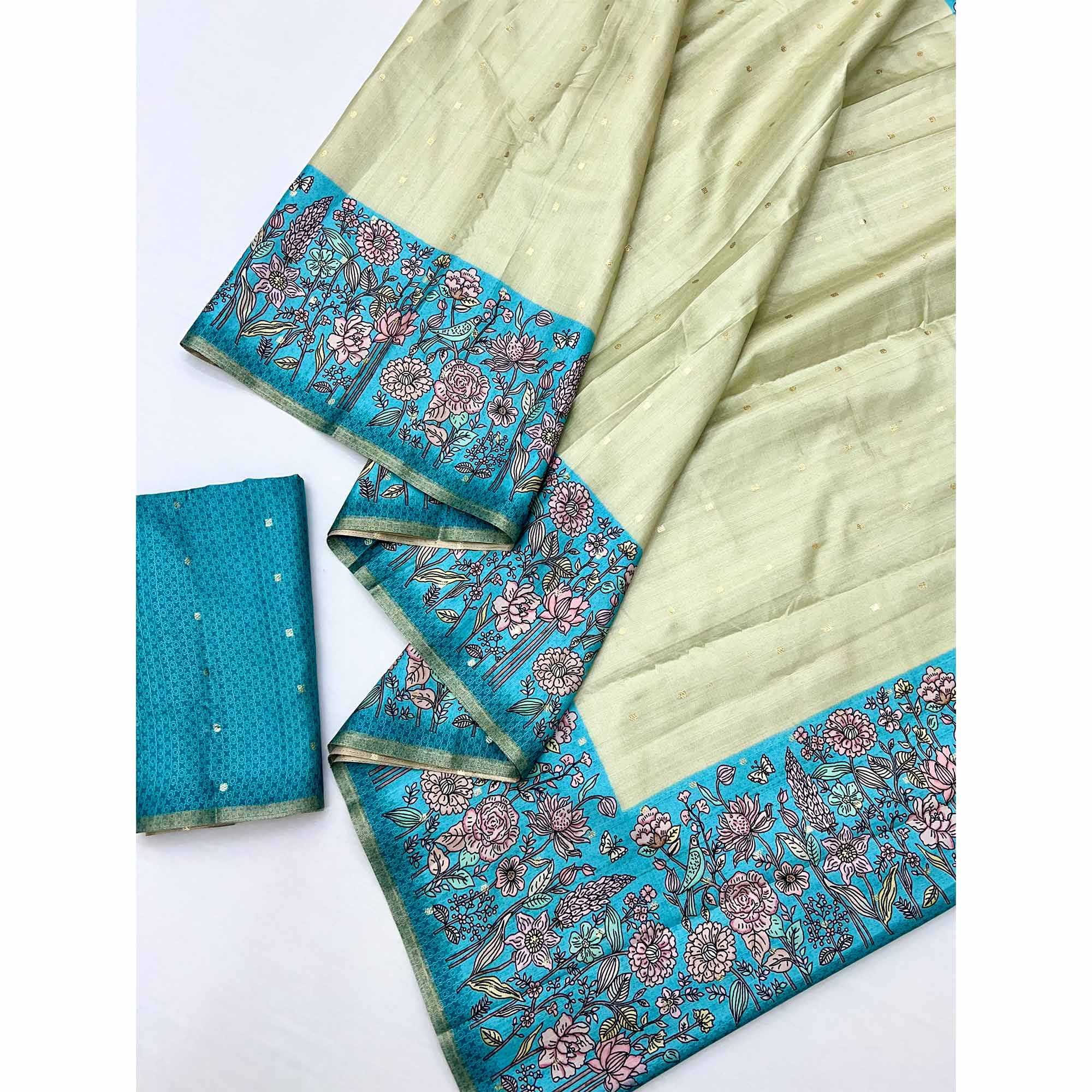 Majestic Chikoo & Blue Silk Blend Saree Enhanced With Floral Prints & Weaving Work