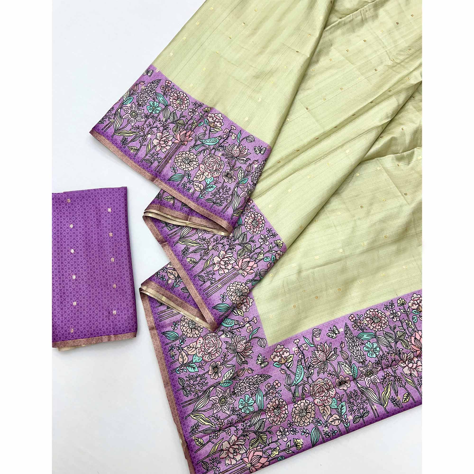 Majestic Chikoo & Purple Silk Blend Saree Enhanced With Floral Prints & Weaving Work