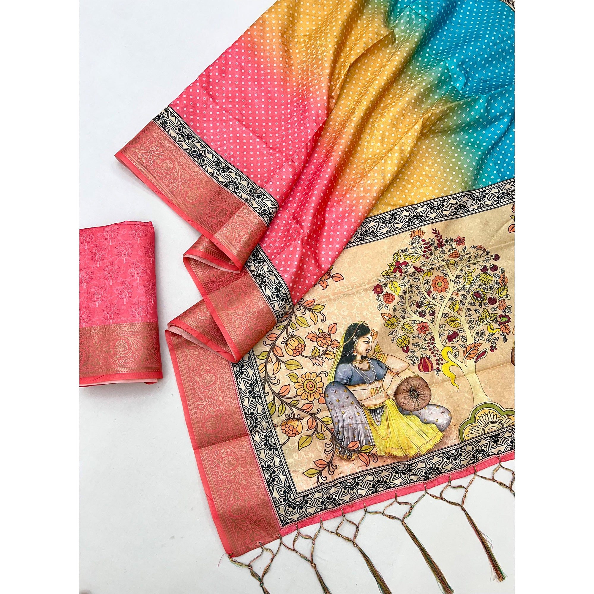 Coral Pink Bandhani Digital Printed Silk Blend Weaving Saree With Madhubani Pallu With Tassel