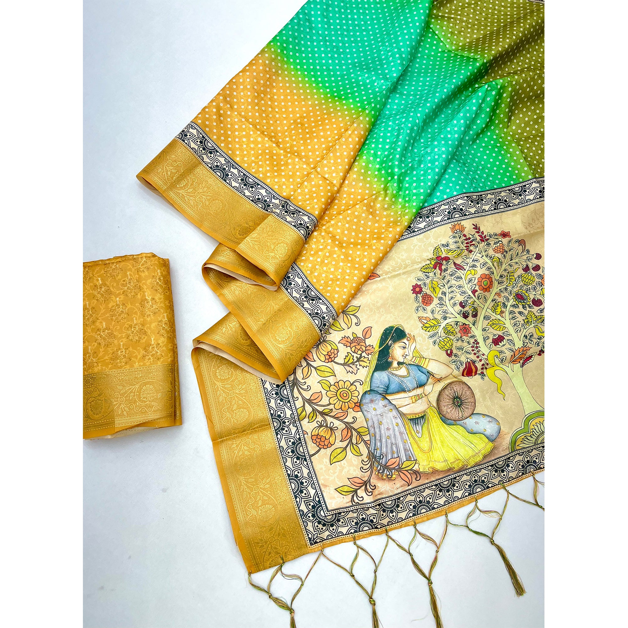 Mustard Bandhani Digital Printed Silk Blend Weaving Saree With Artistic Madhubani Pallu With Tassel
