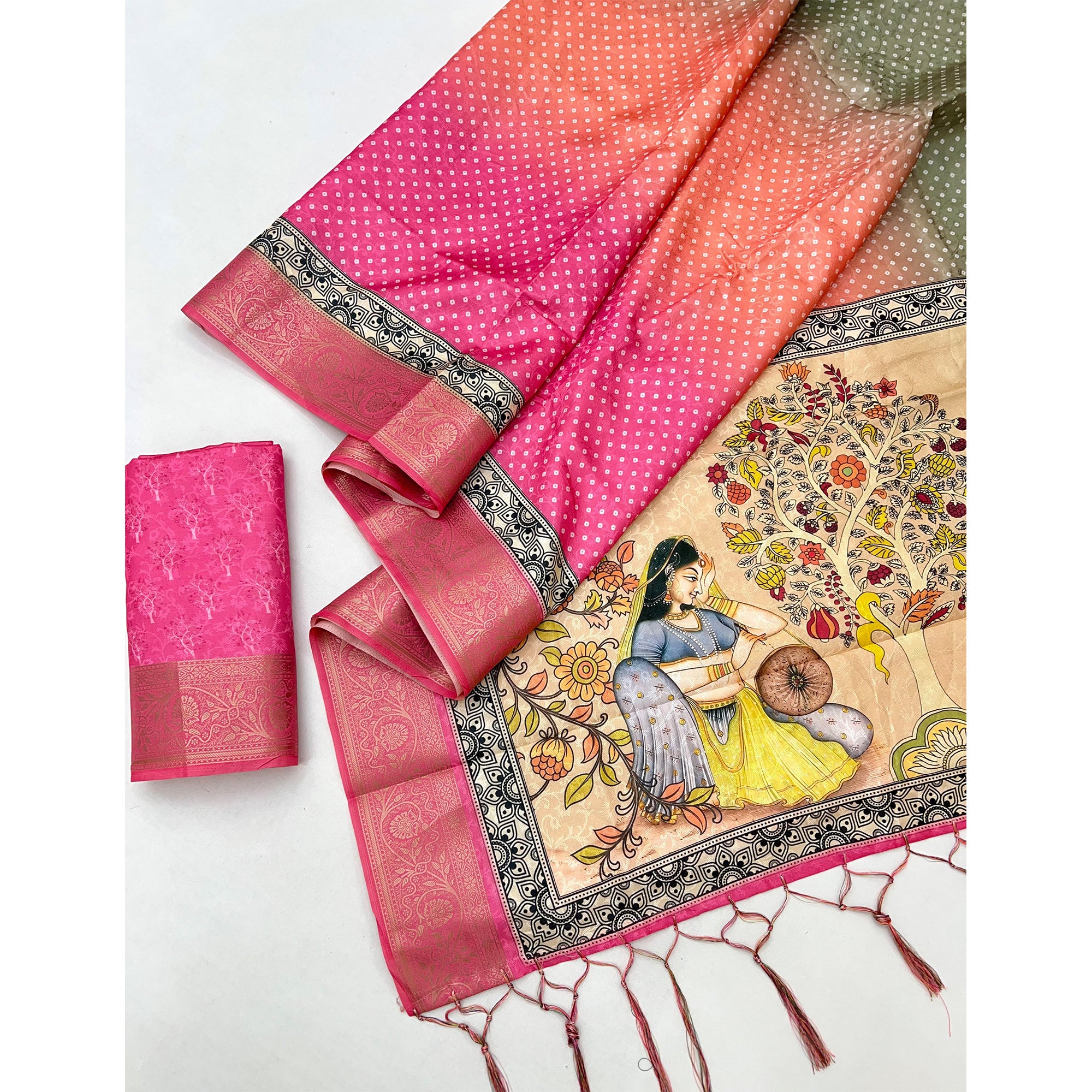 Rani Pink Bandhani Digital Printed Silk Blend Weaving Saree With Madhubani Pallu With Tassel