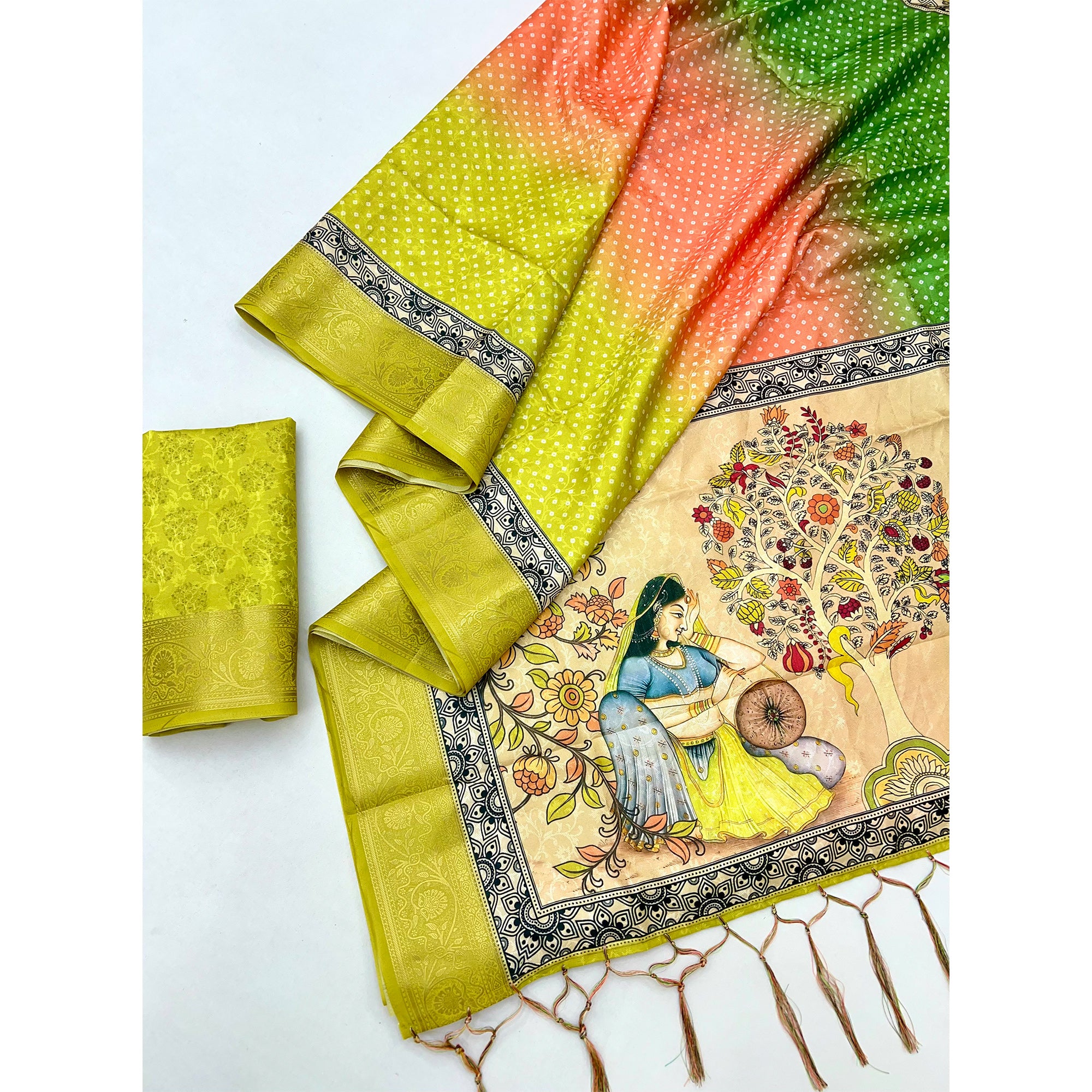 Green Bandhani Digital Printed Silk Blend Weaving Saree With Artistic Madhubani Pallu With Tassel