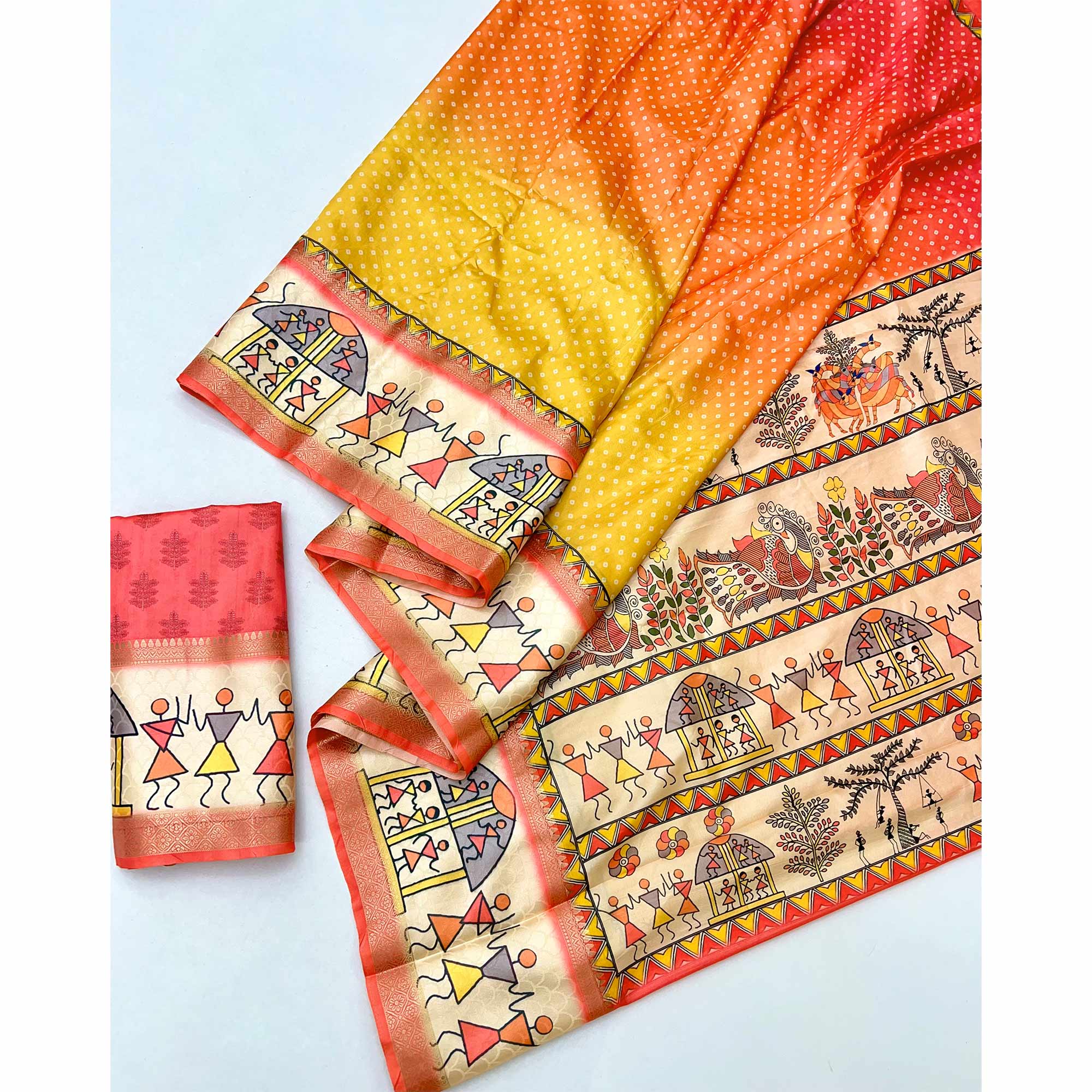 Coral Red Traditional Bandhani & Warli Digital Printed Silk Blend Saree With Weaving Border