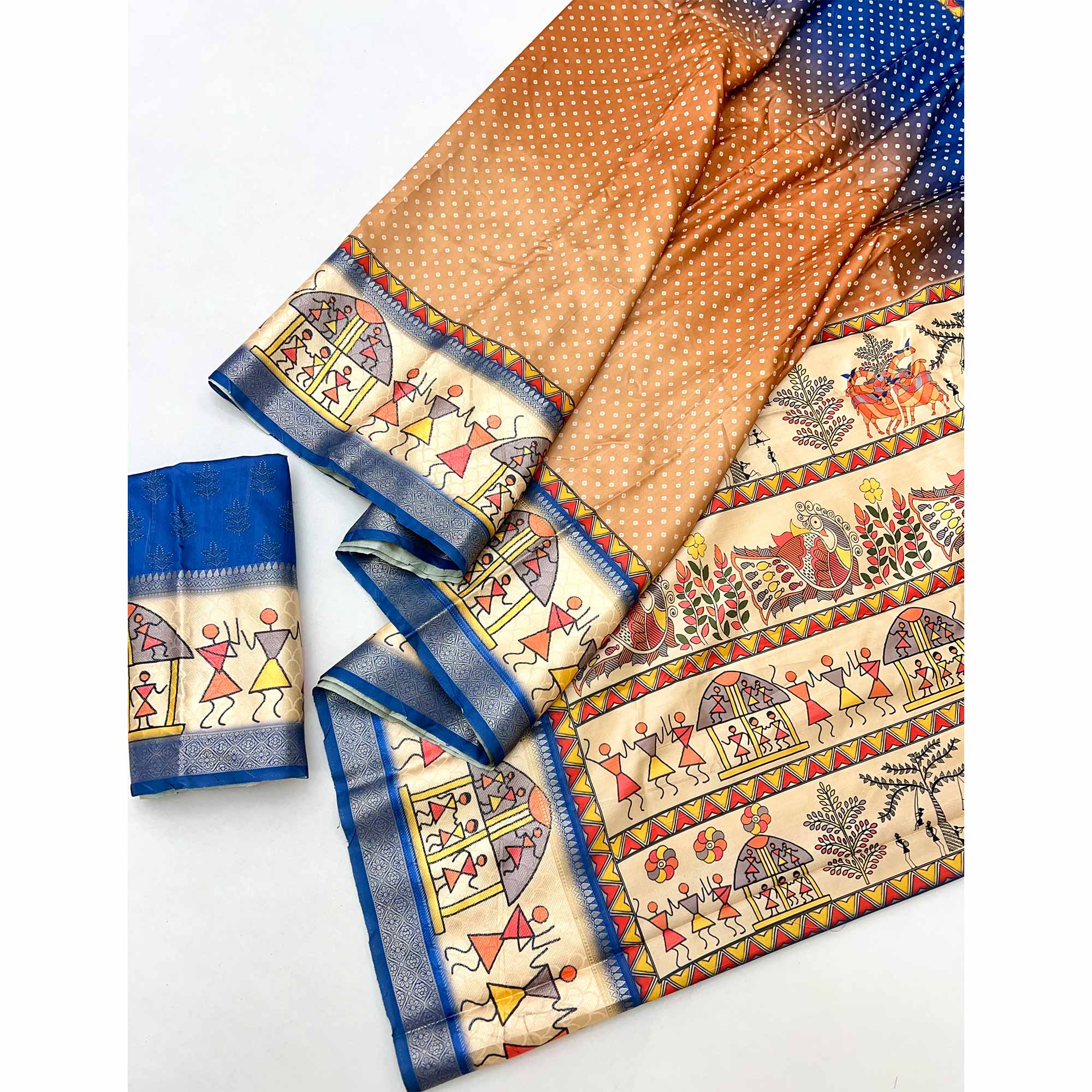 Royal Blue Traditional Bandhani & Warli Digital Printed Silk Blend Saree With Weaving Border
