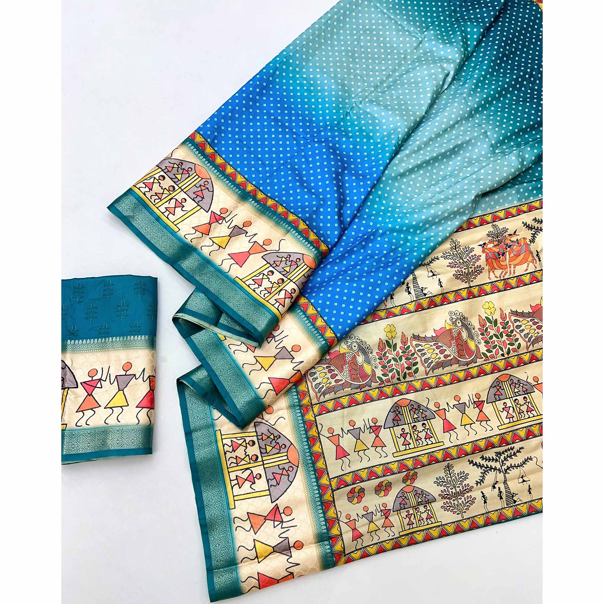 Teal Traditional Bandhani & Warli Digital Printed Silk Blend Saree With Weaving Border