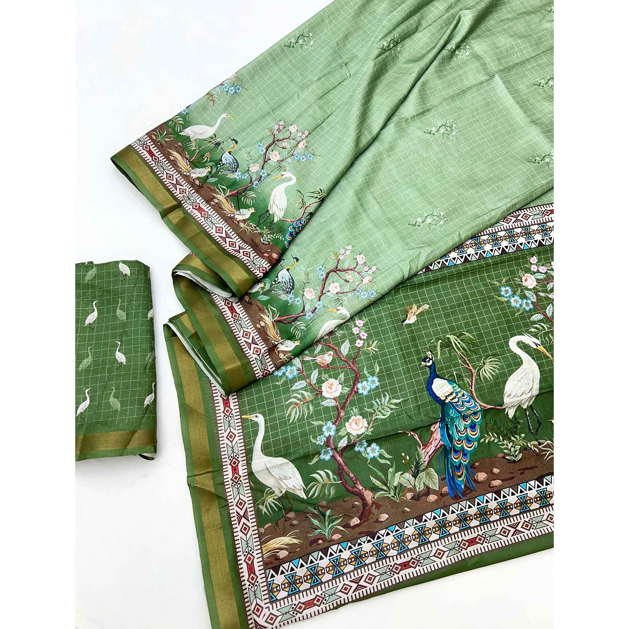 Green Digital Printed Dola Silk Saree With Royal Floral & Peacock Motifs