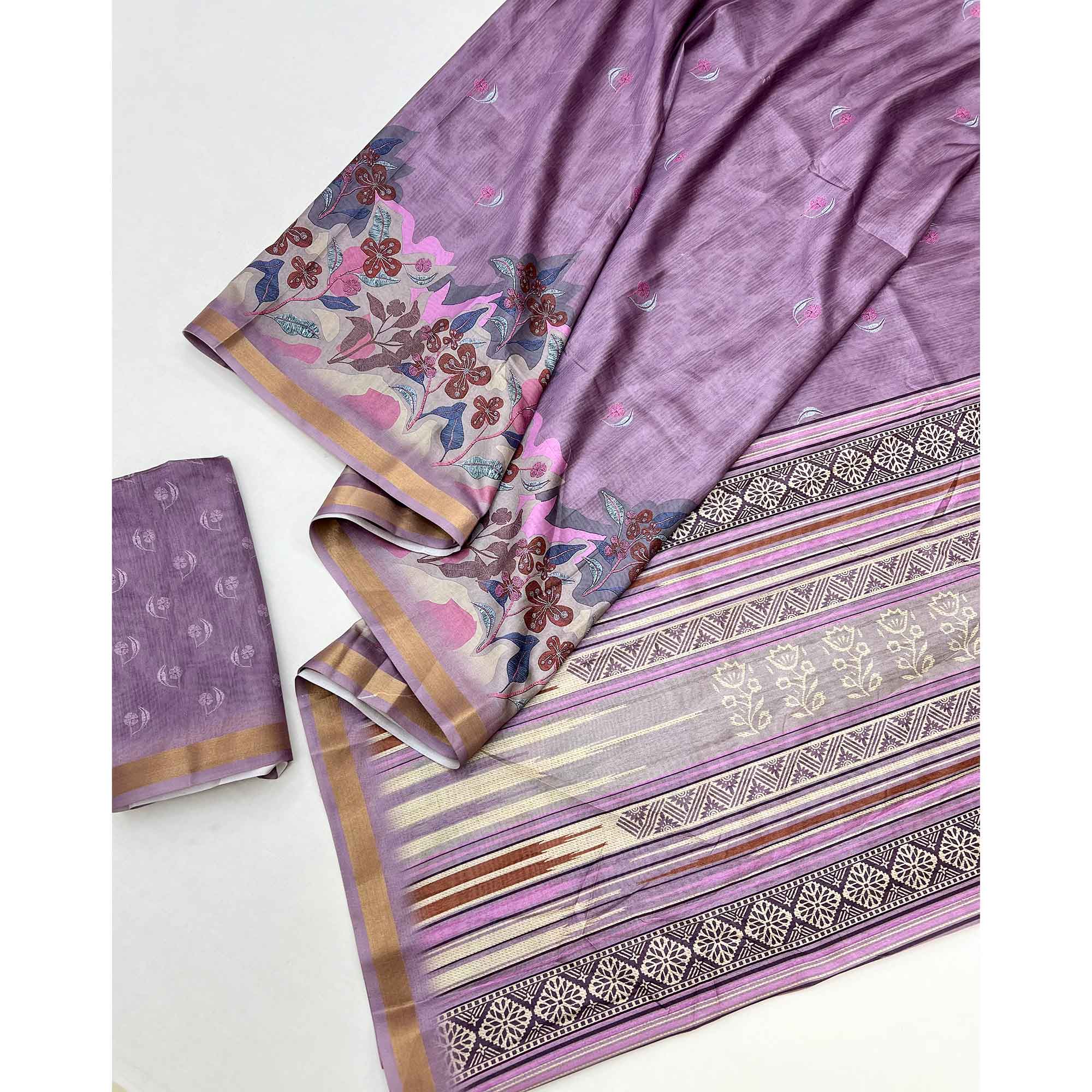 Ethereal Lavender Floral Digital Printed Dola Silk Saree With Zari Border