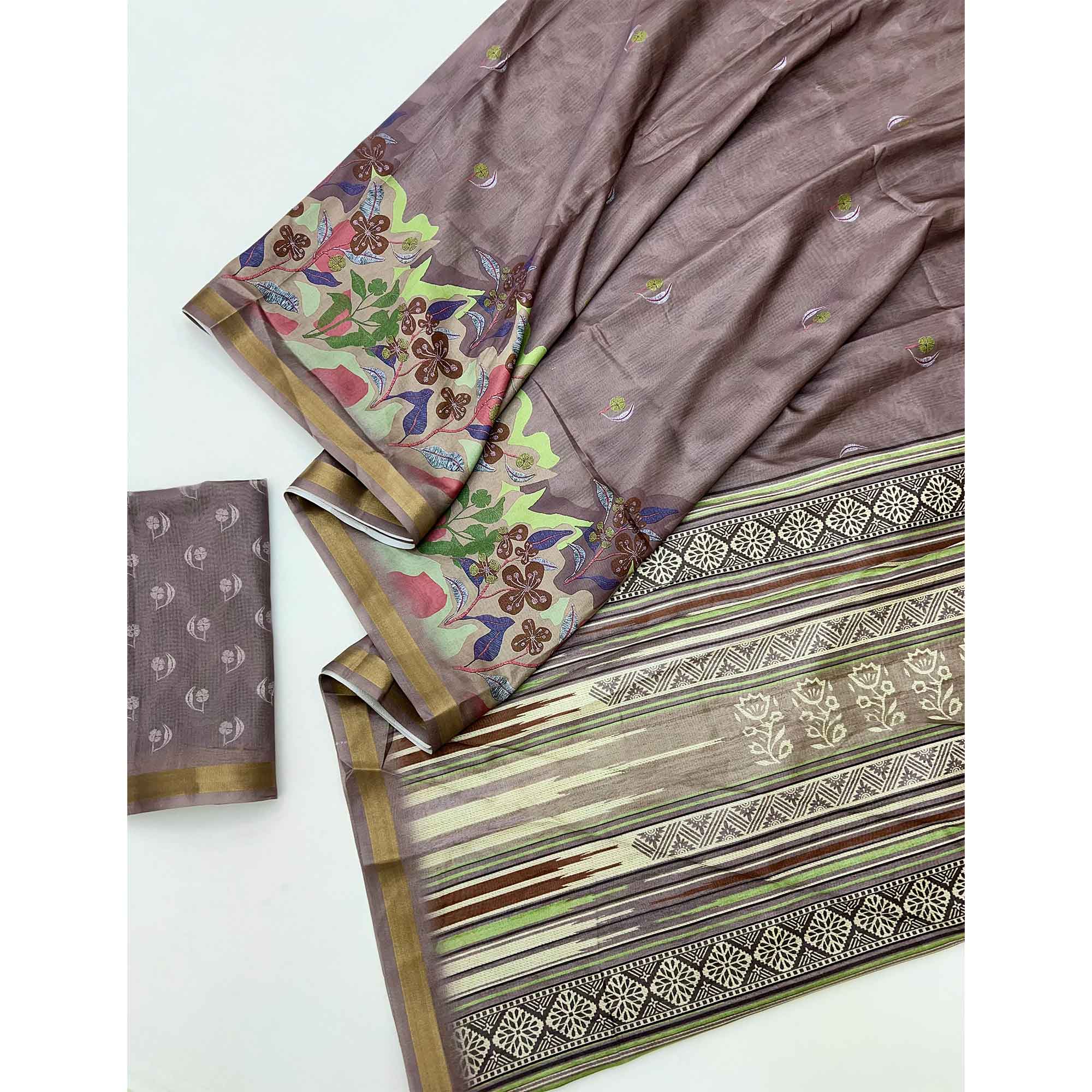 Ethereal Taupe Floral Digital Printed Dola Silk Saree With Zari Border