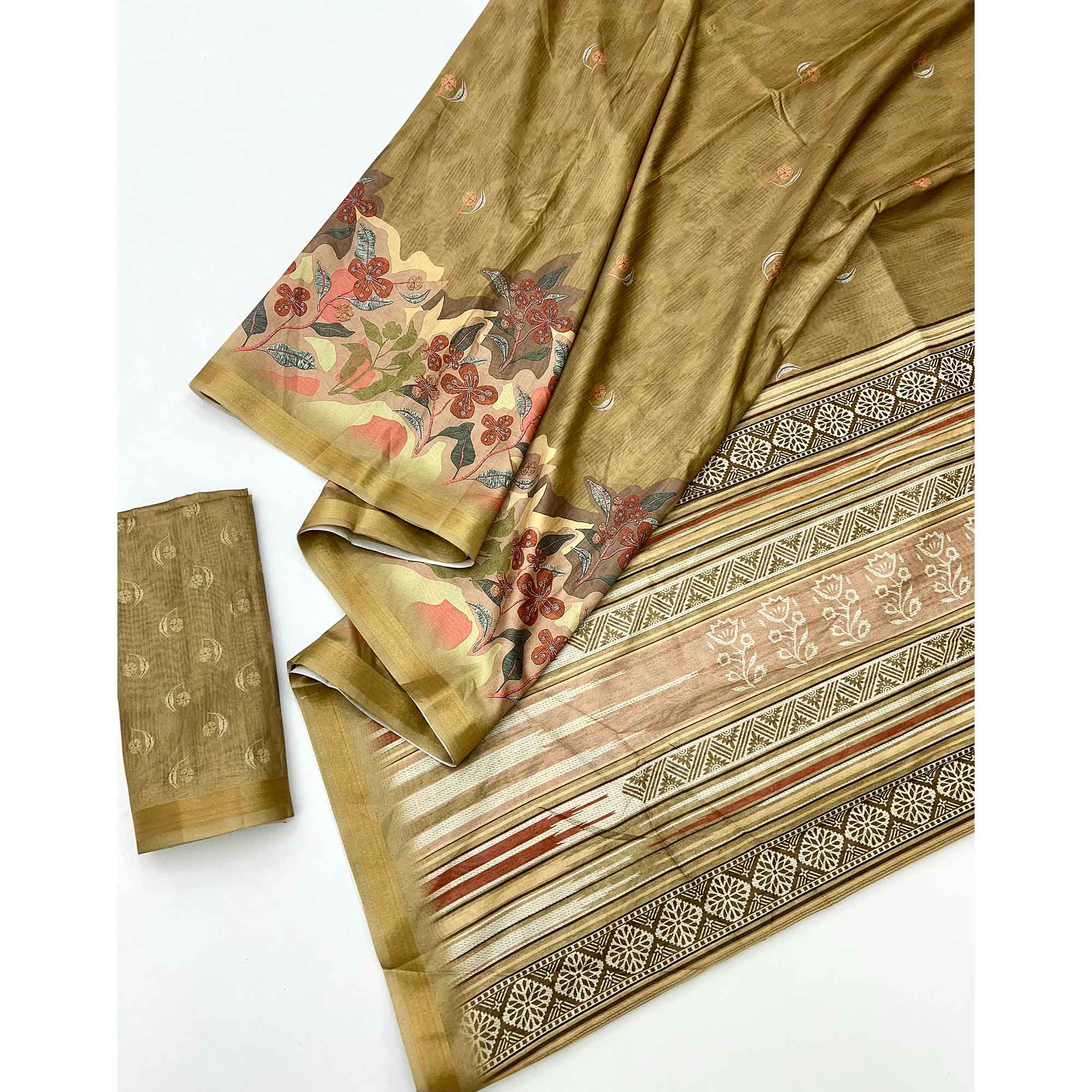 Ethereal Dark Mustard Floral Digital Printed Dola Silk Saree With Zari Border