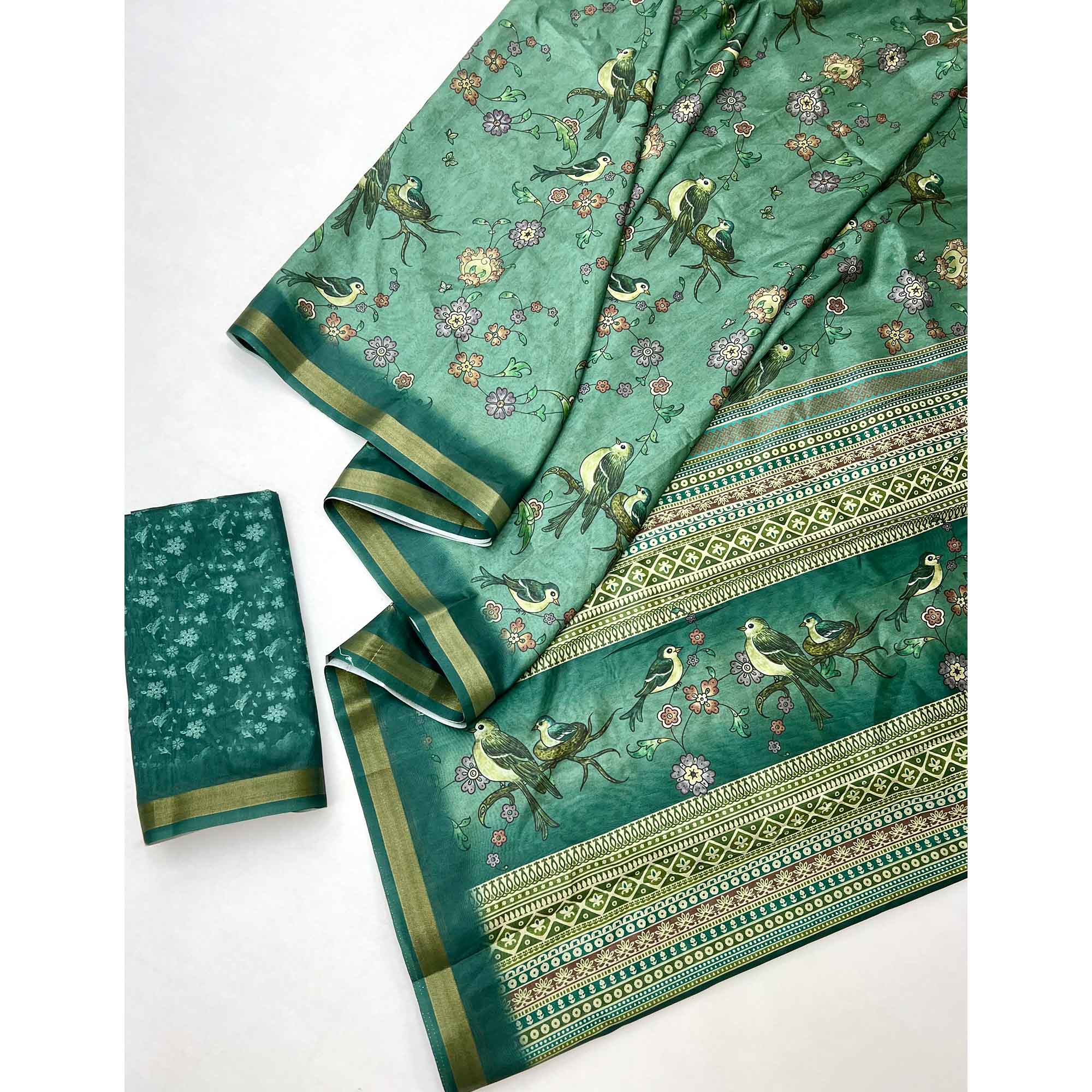 Green Floral & Bird Digital Printed Dola Silk Saree With Elegant Zari Border