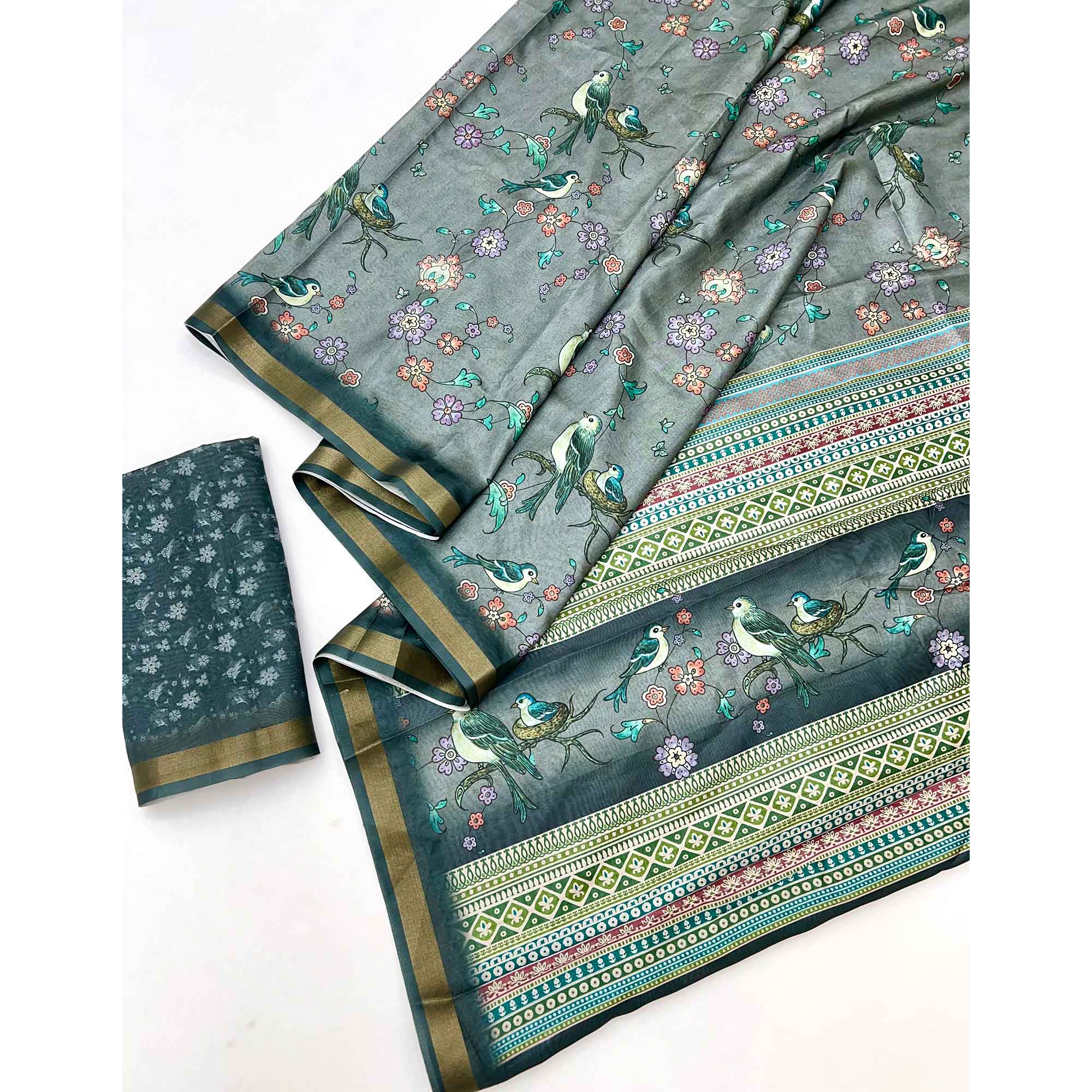 Grey Floral & Bird Digital Printed Dola Silk Saree With Elegant Zari Border