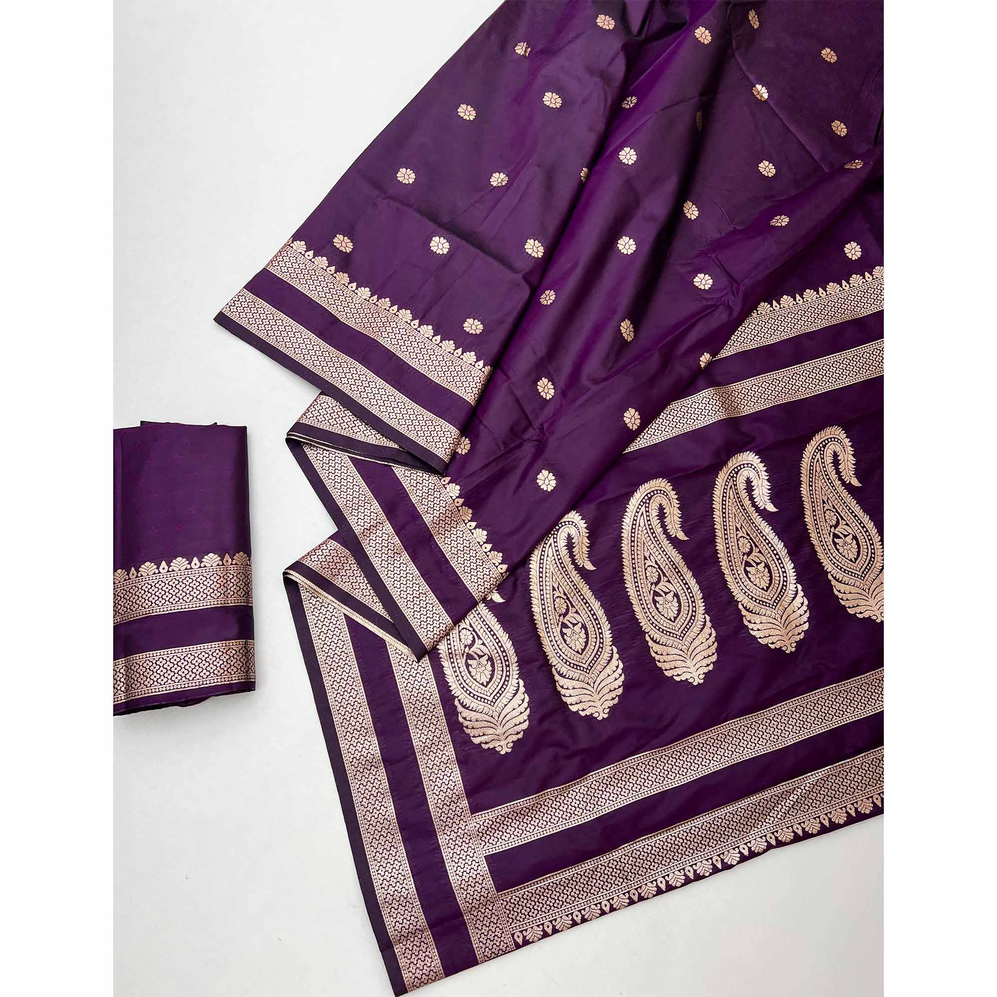 Purple Ornate Floral Zari Weaving Work Silk Blend Saree With Festive Shine