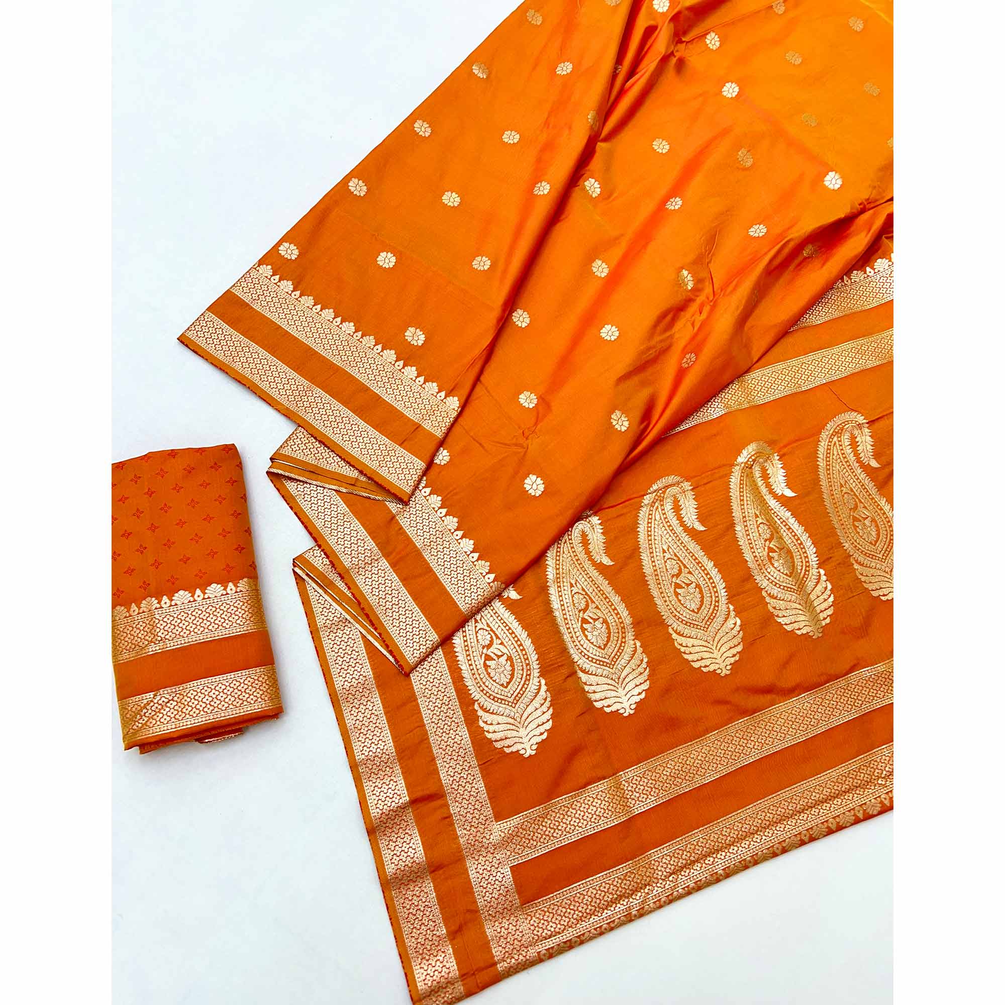 Orange Ornate Floral Zari Weaving Work Silk Blend Saree With Festive Shine