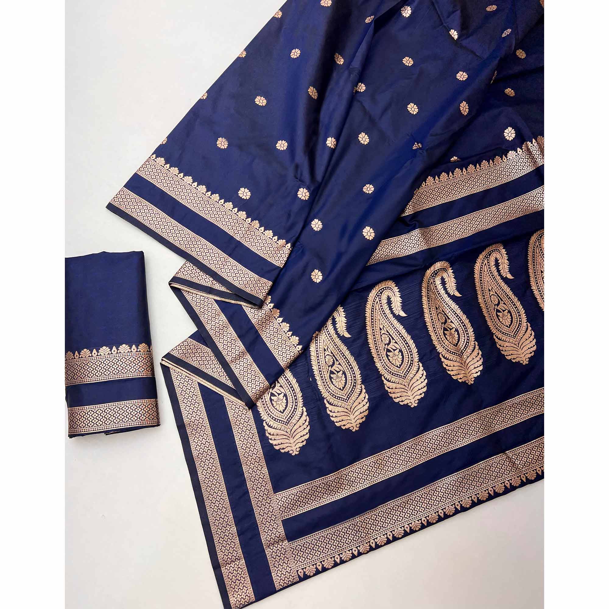 Navy Blue Ornate Floral Zari Weaving Work Silk Blend Saree With Festive Shine