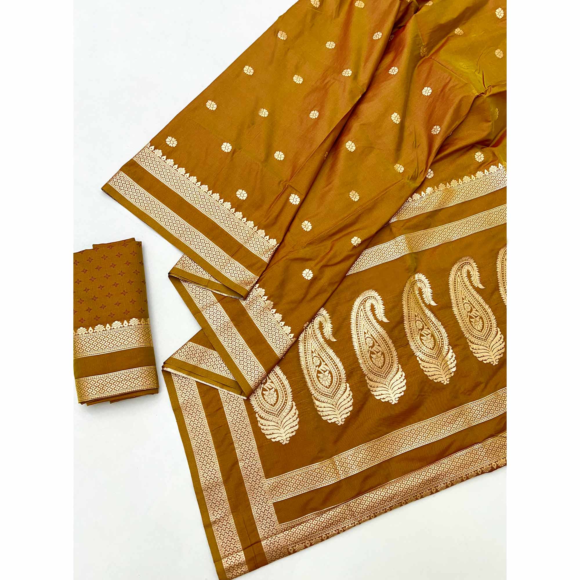 Mustard Ornate Floral Zari Weaving Work Silk Blend Saree With Festive Shine