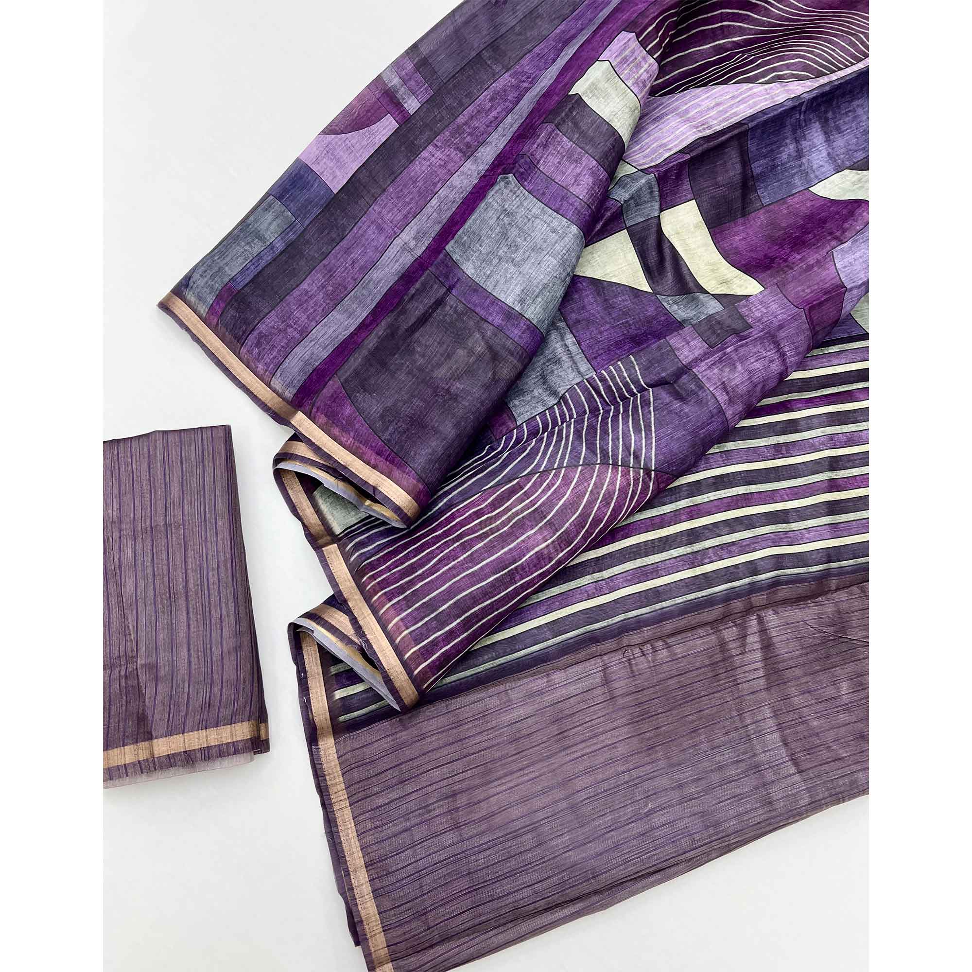 Purple Contemporary Geometric Digital Printed Viscose Saree With Gleaming Zari Border