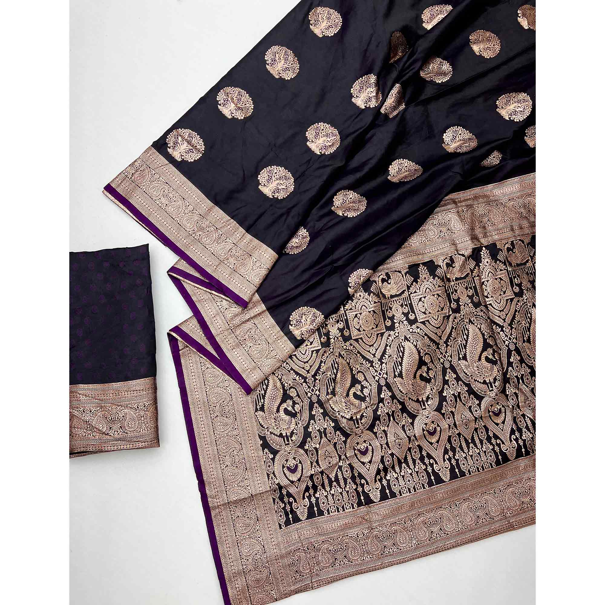 Dark Purple Classic Floral Zari Weaving Satin Silk Saree With Sophisticated Drape