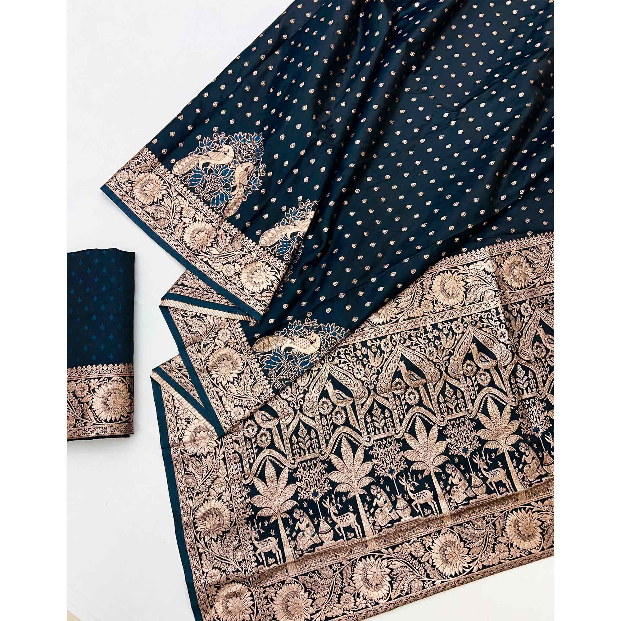 Dark Teal Classic Floral Zari Weaving Satin Silk Saree With Sophisticated Drape