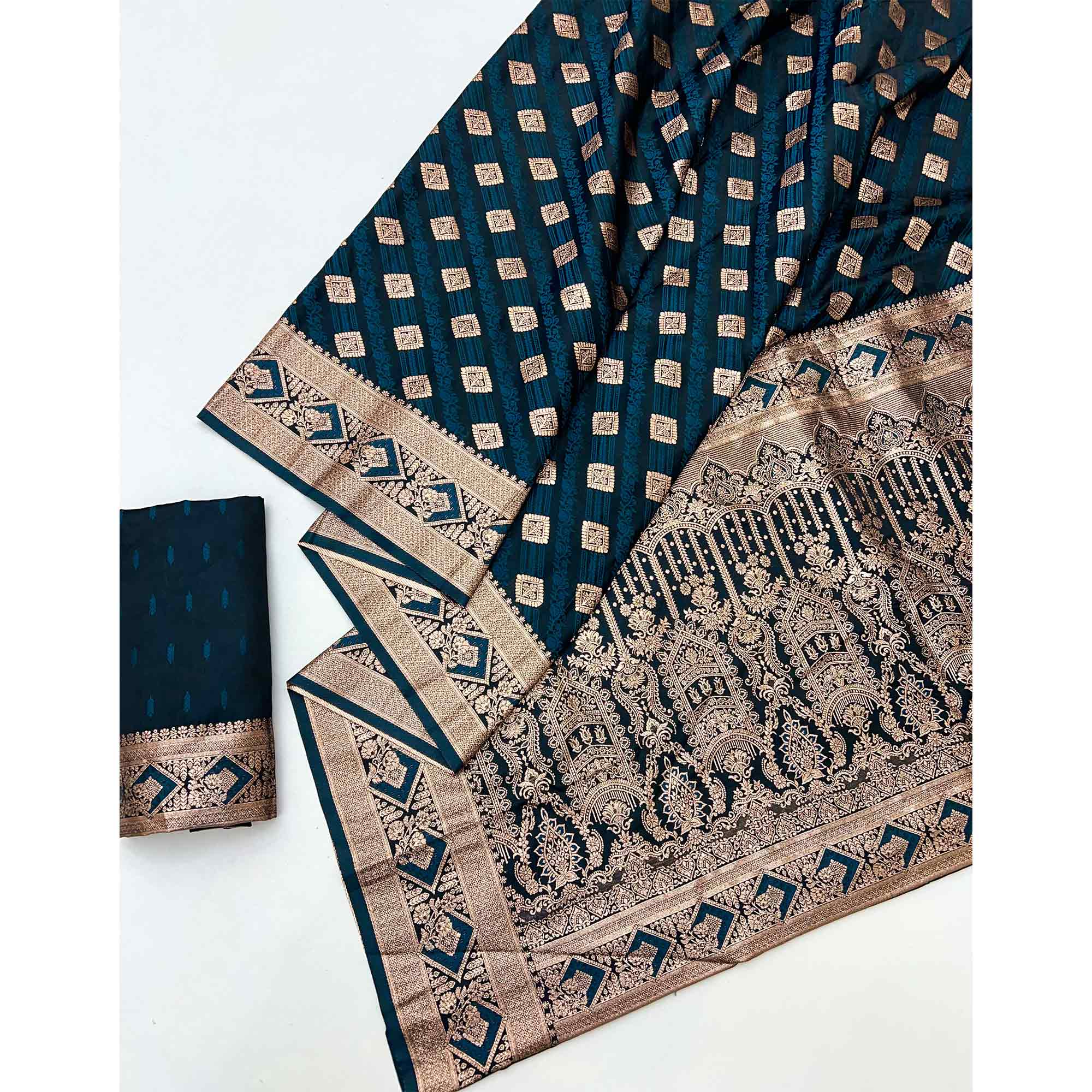 Dark Teal Classic Floral & Peacock Zari Weaving Satin Silk Saree With Sophisticated Drape