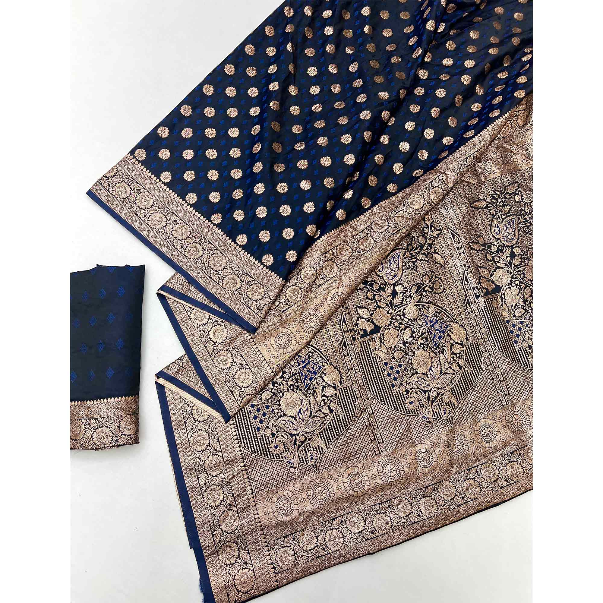 Navy Blue Classic Floral Zari Weaving Satin Silk Saree With Sophisticated Drape