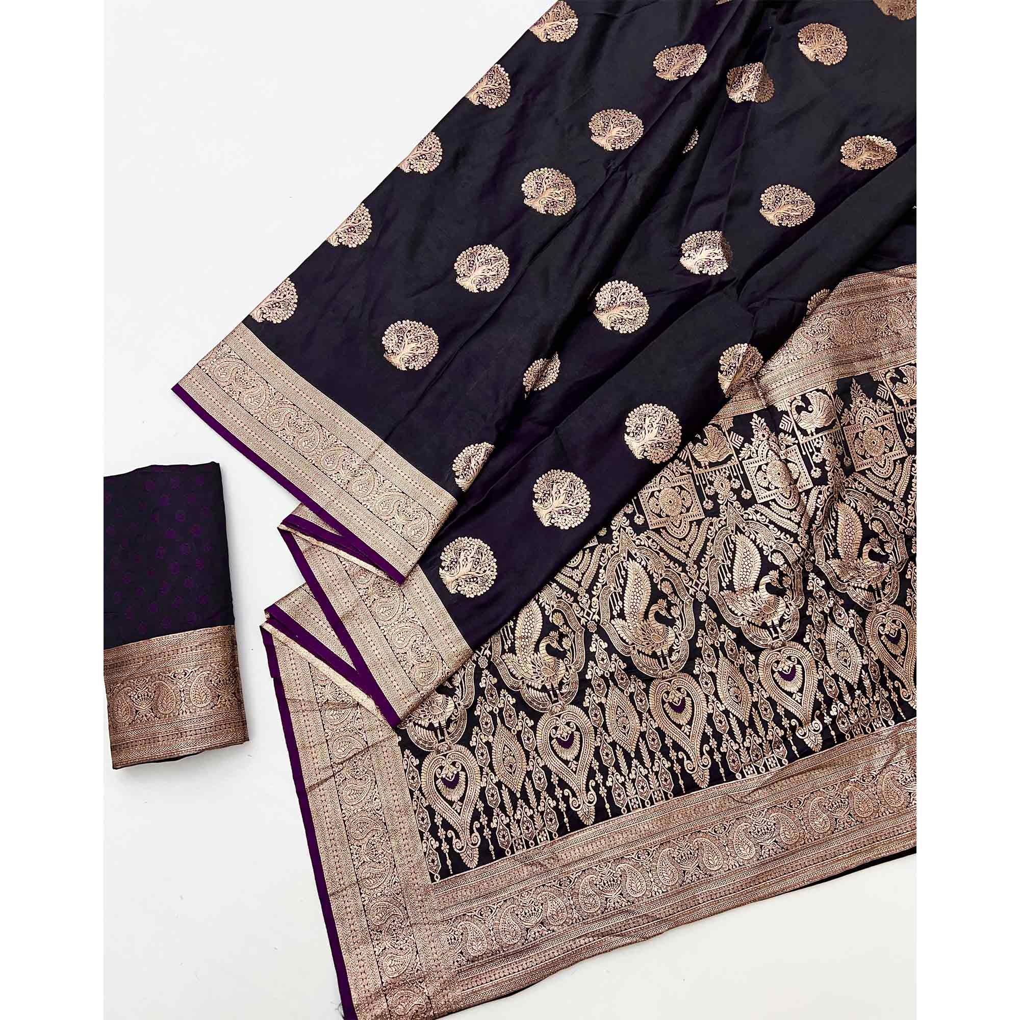 Dark Purple Classic Floral Zari Weaving Satin Silk Saree With Sophisticated Drape