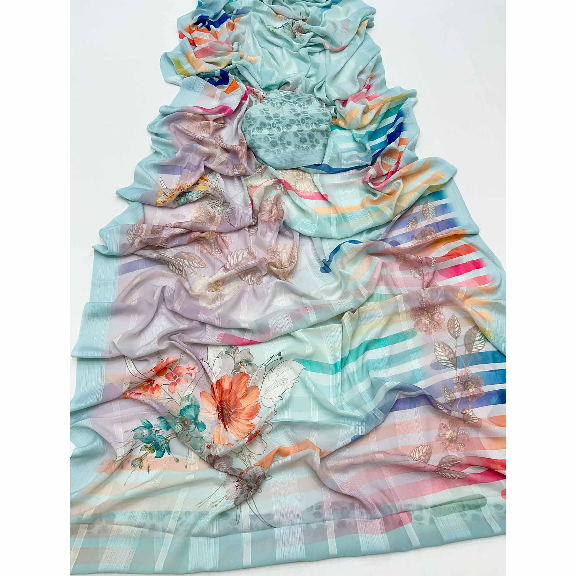 Blue Contemporary Floral Digital Printed Silk Blend Saree With Textured Striped Weaving