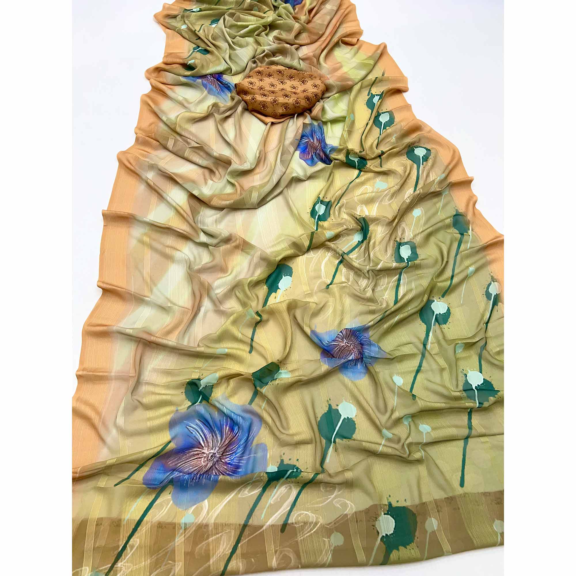 Mustard Silk Blend Saree With Floral Digital Prints & Striped Weaving Design