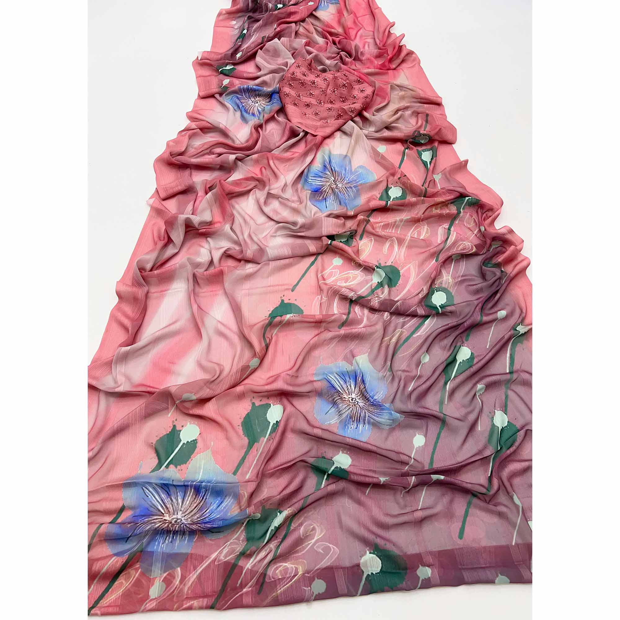 Coral Pink Silk Blend Saree With Floral Digital Prints & Striped Weaving Design