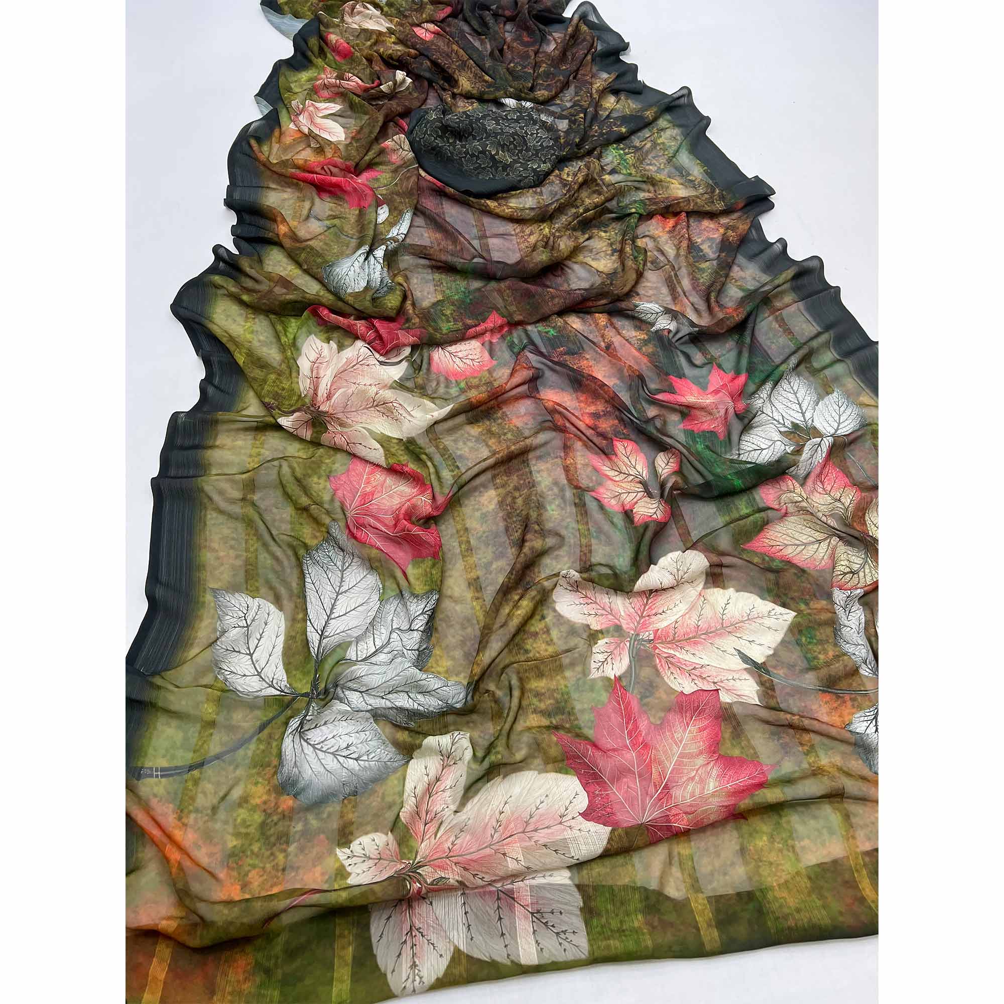 Trendy Olive Green Leaf Digital Printed Silk Blend Saree With Textured Striped Weaving