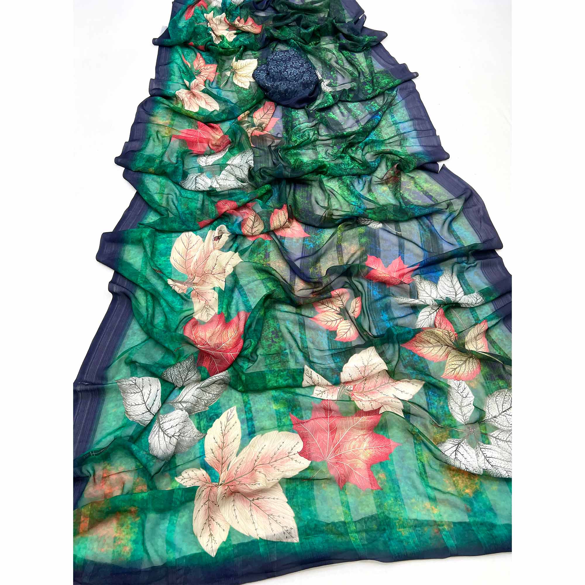 Trendy Acqa Green Leaf Digital Printed Silk Blend Saree With Textured Striped Weaving