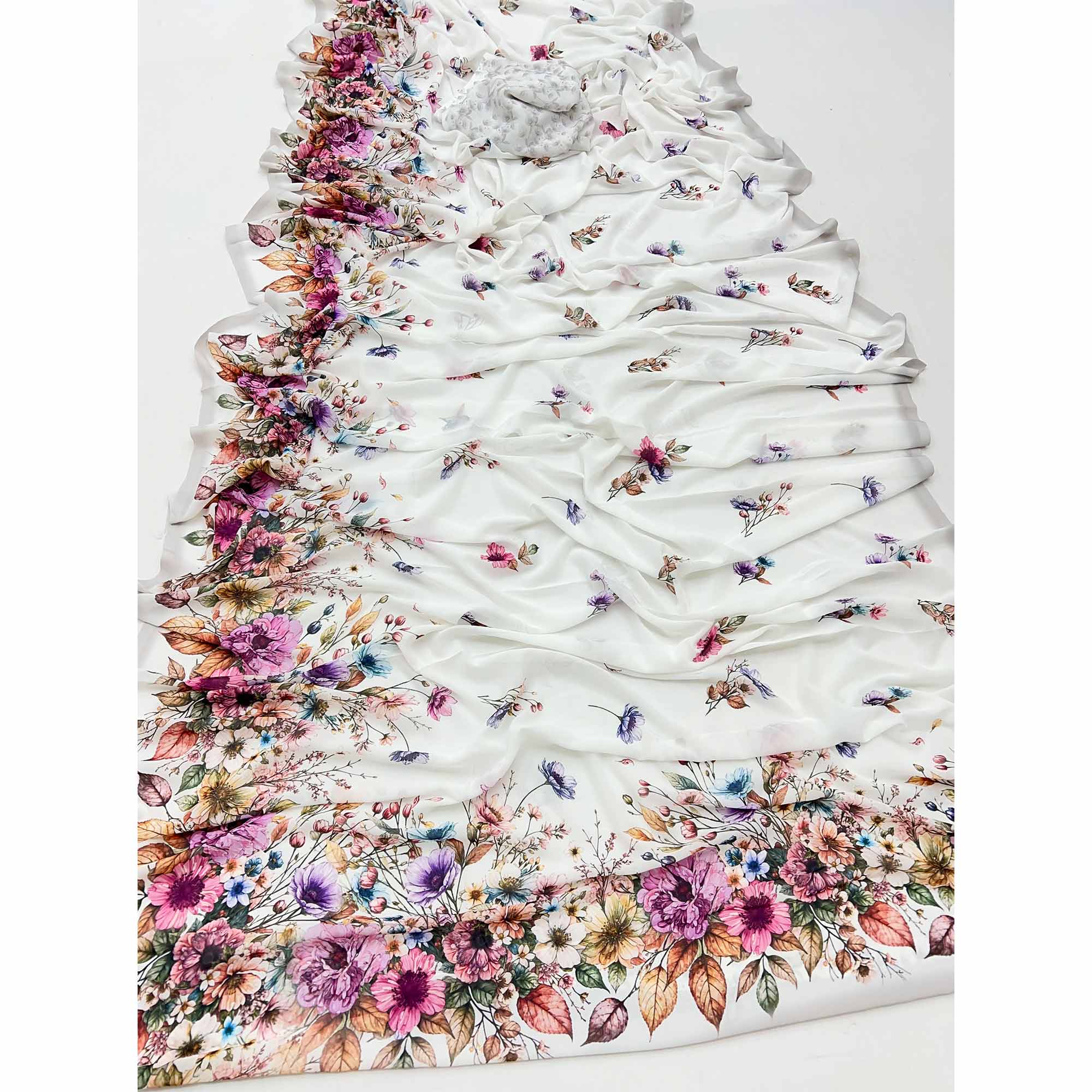 Classic White Georgette Saree Featuring Delicate Floral Digital Prints