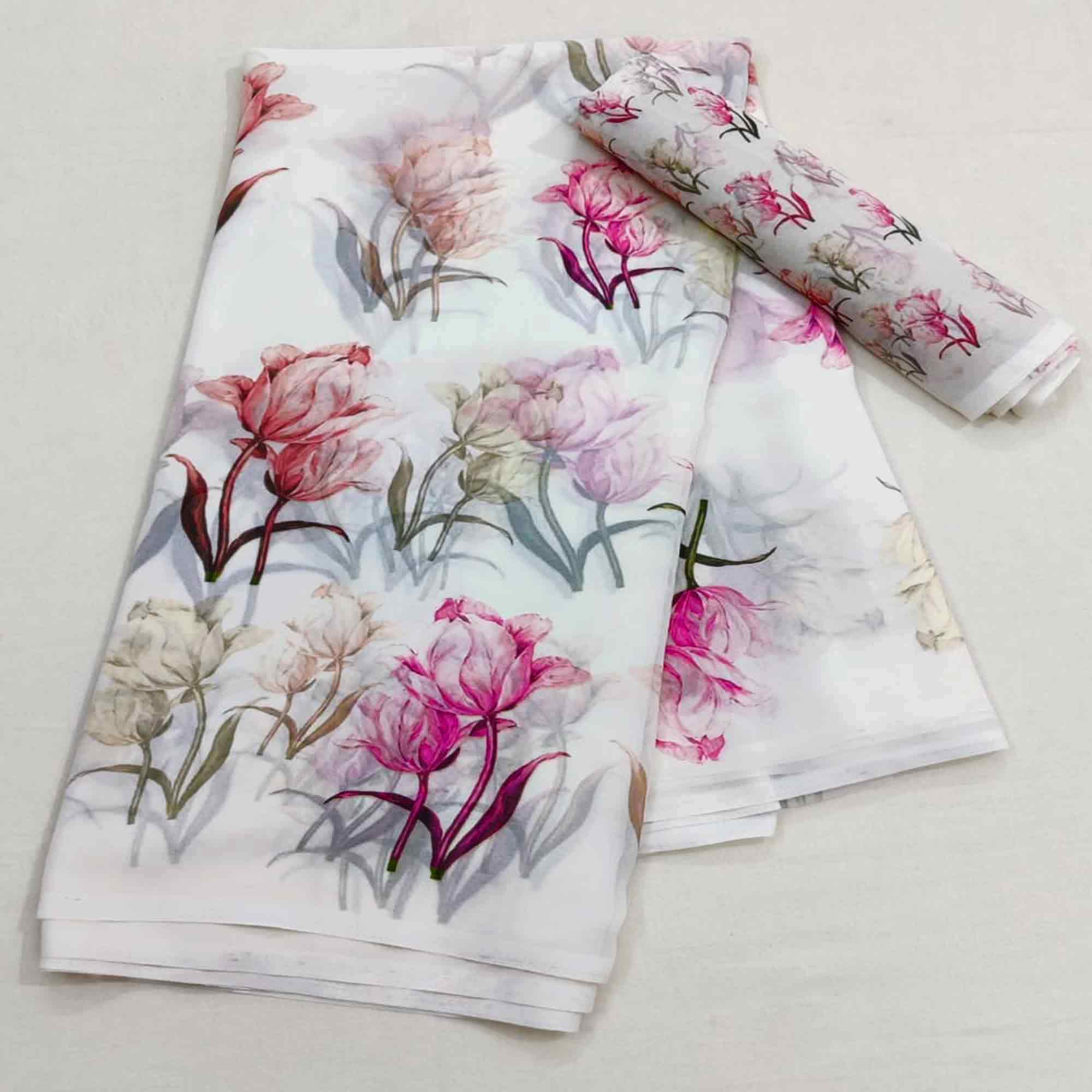 White Georgette Saree With Lightweight Drape And Dreamy Floral Motifs