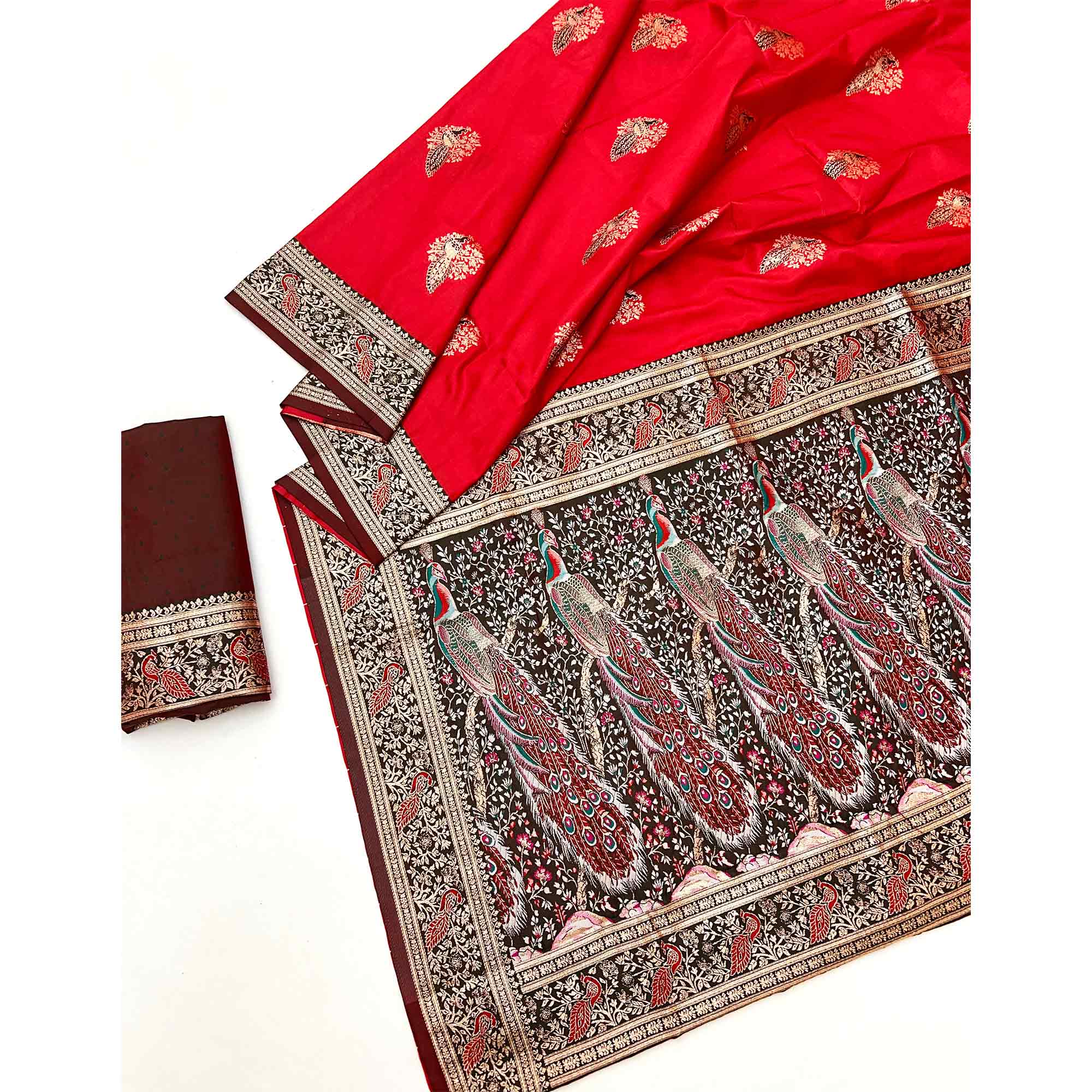Classic Red Silk Blend Saree With Ornate Peacock & Floral Zari Woven Motifs