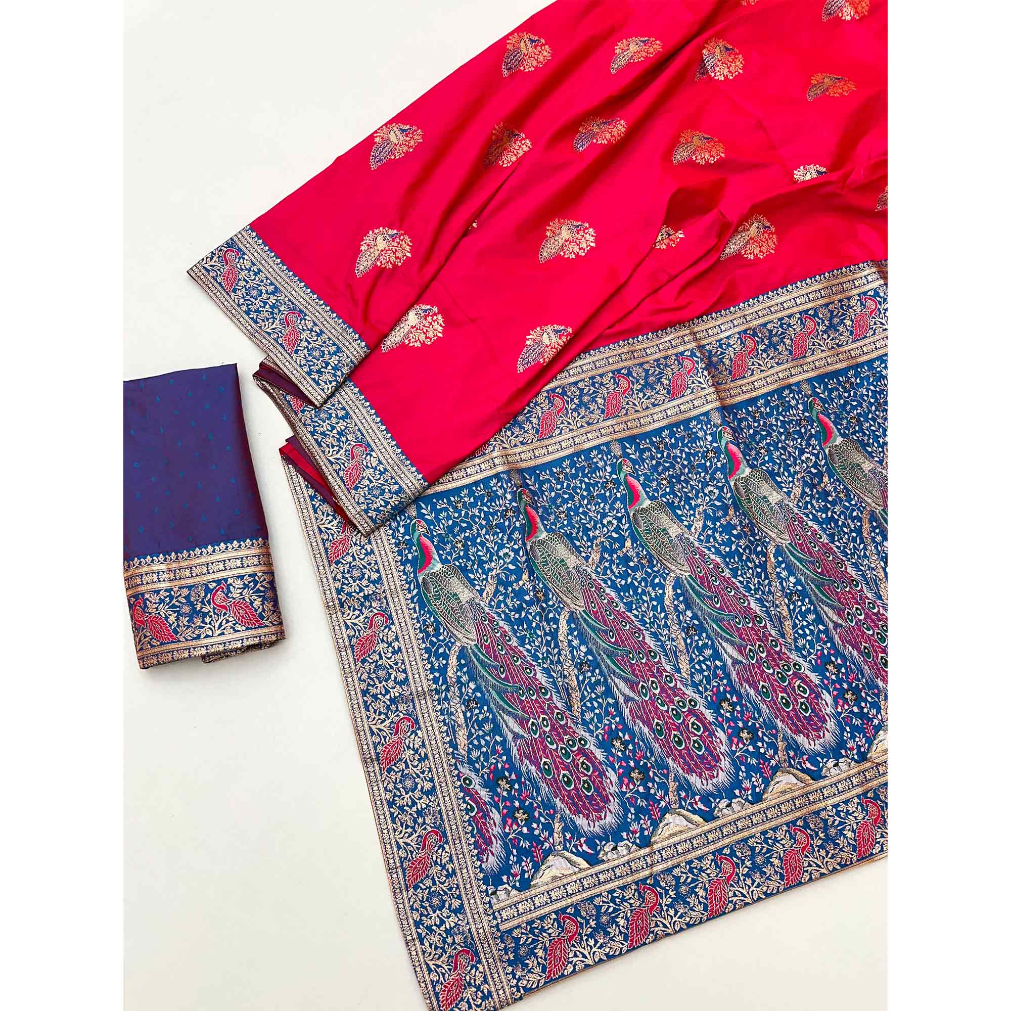 Classic Pink Silk Blend Saree With Ornate Peacock & Floral Zari Woven Motifs