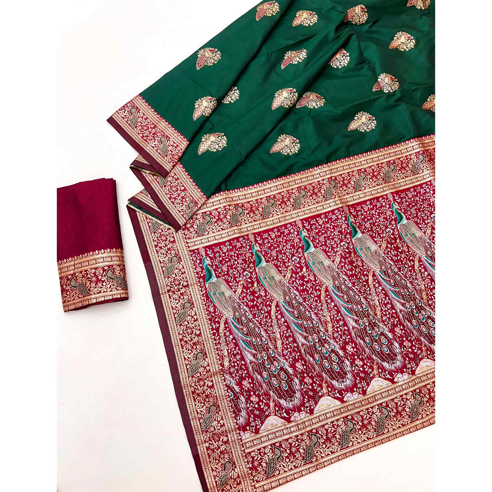 Classic Green Silk Blend Saree With Ornate Peacock & Floral Zari Woven Motifs