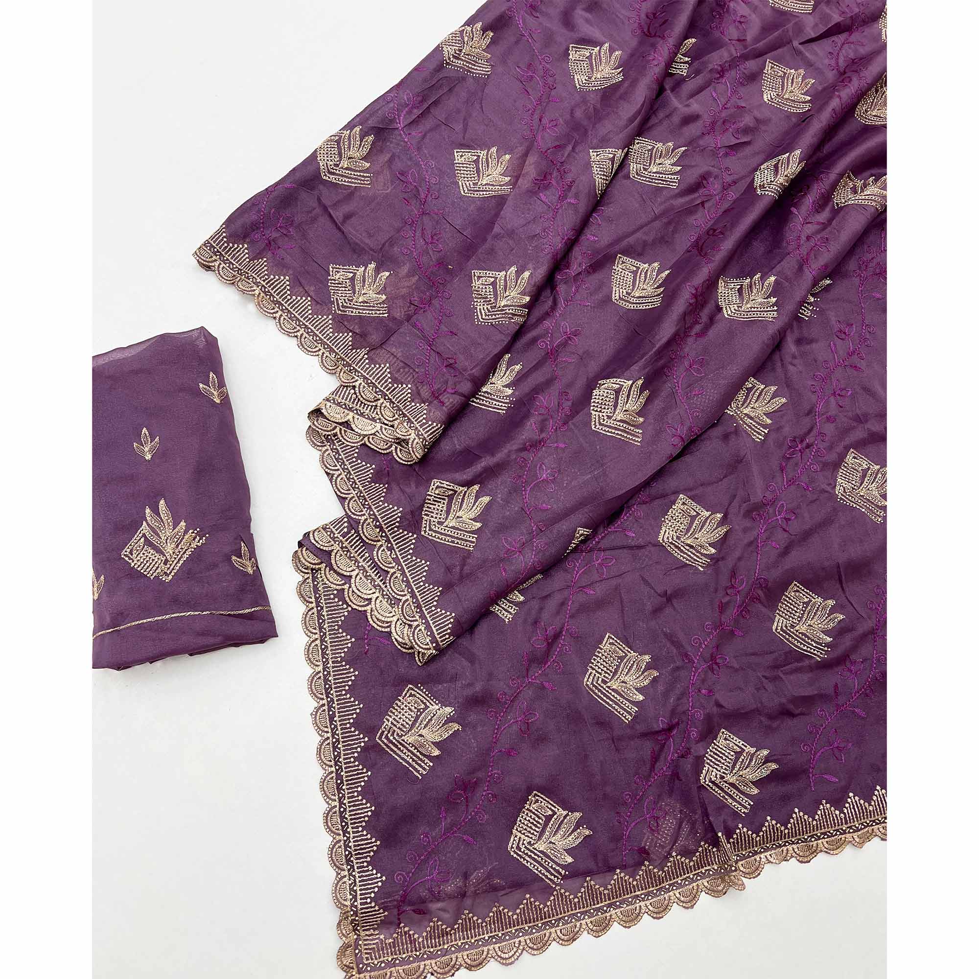 Elegant Purple Georgette Saree Accented With Intricate Floral Thread Embroidery