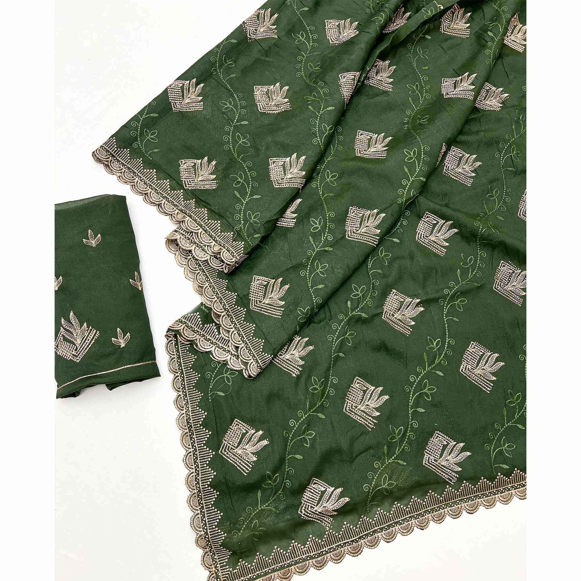 Elegant Green Georgette Saree Accented With Intricate Floral Thread Embroidery