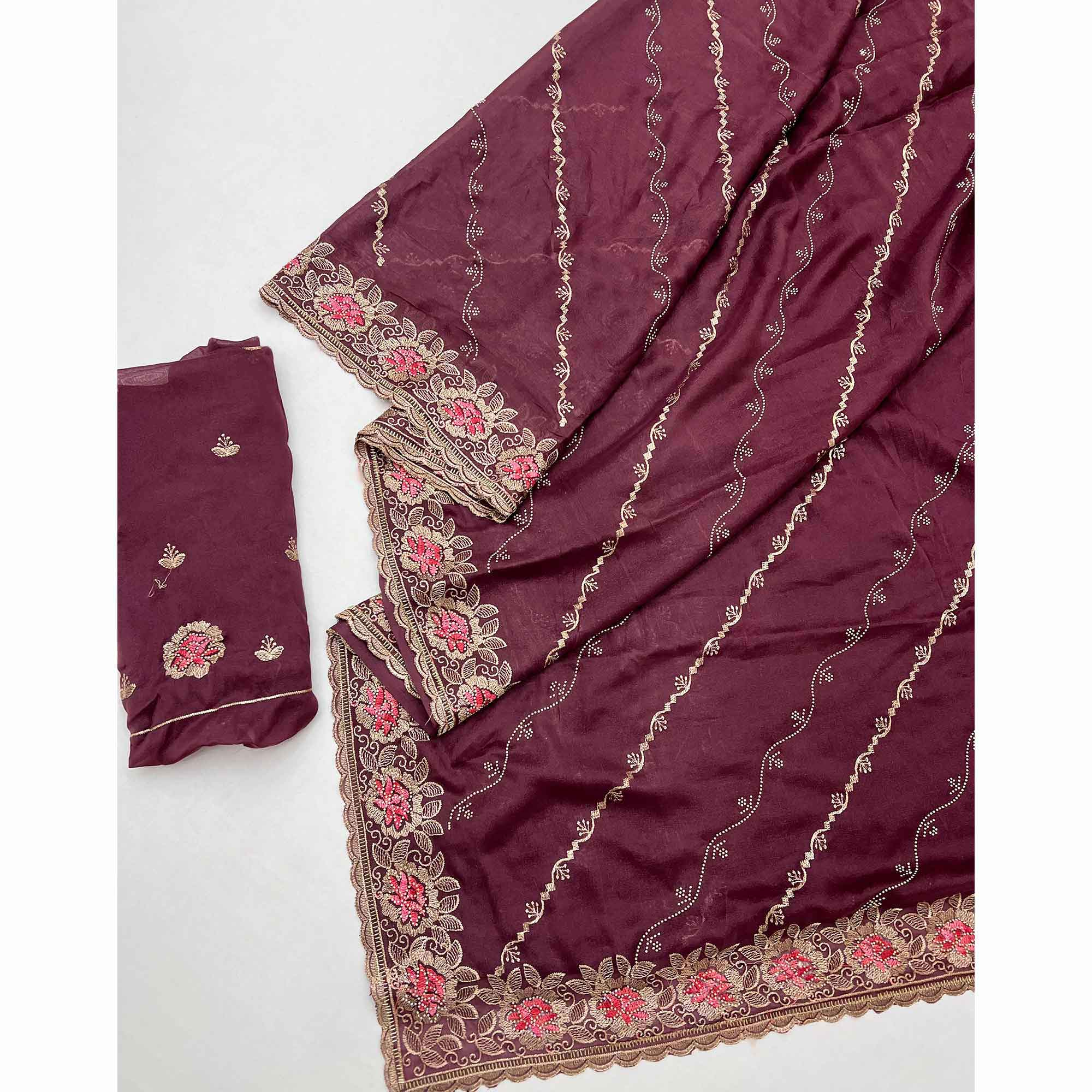 Graceful Wine Floral Thread & Zari Embroidered Georgette Saree