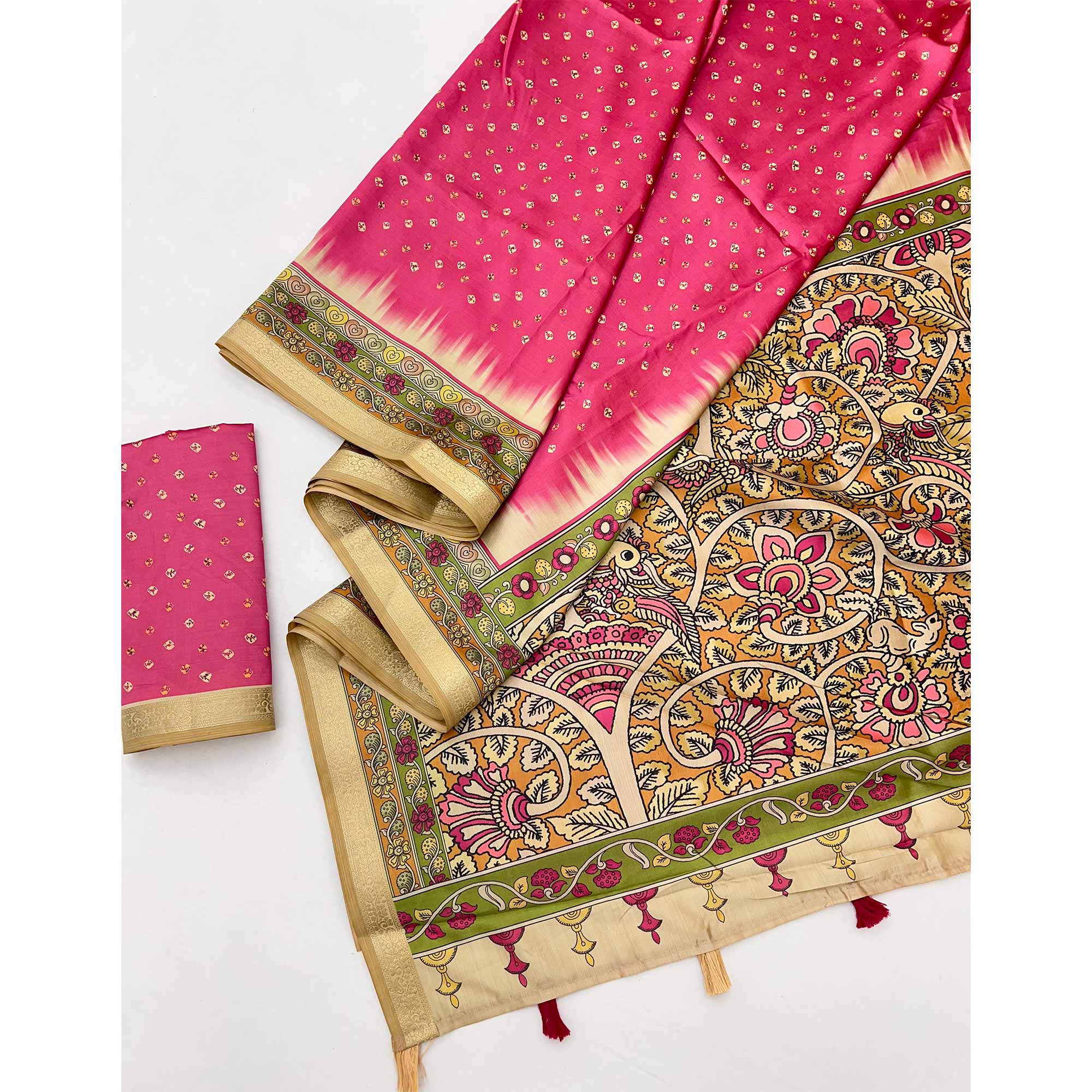 Pink Traditional Bandhani & Floral Digital Printed Art Silk Saree With Peacock Motif Pallu