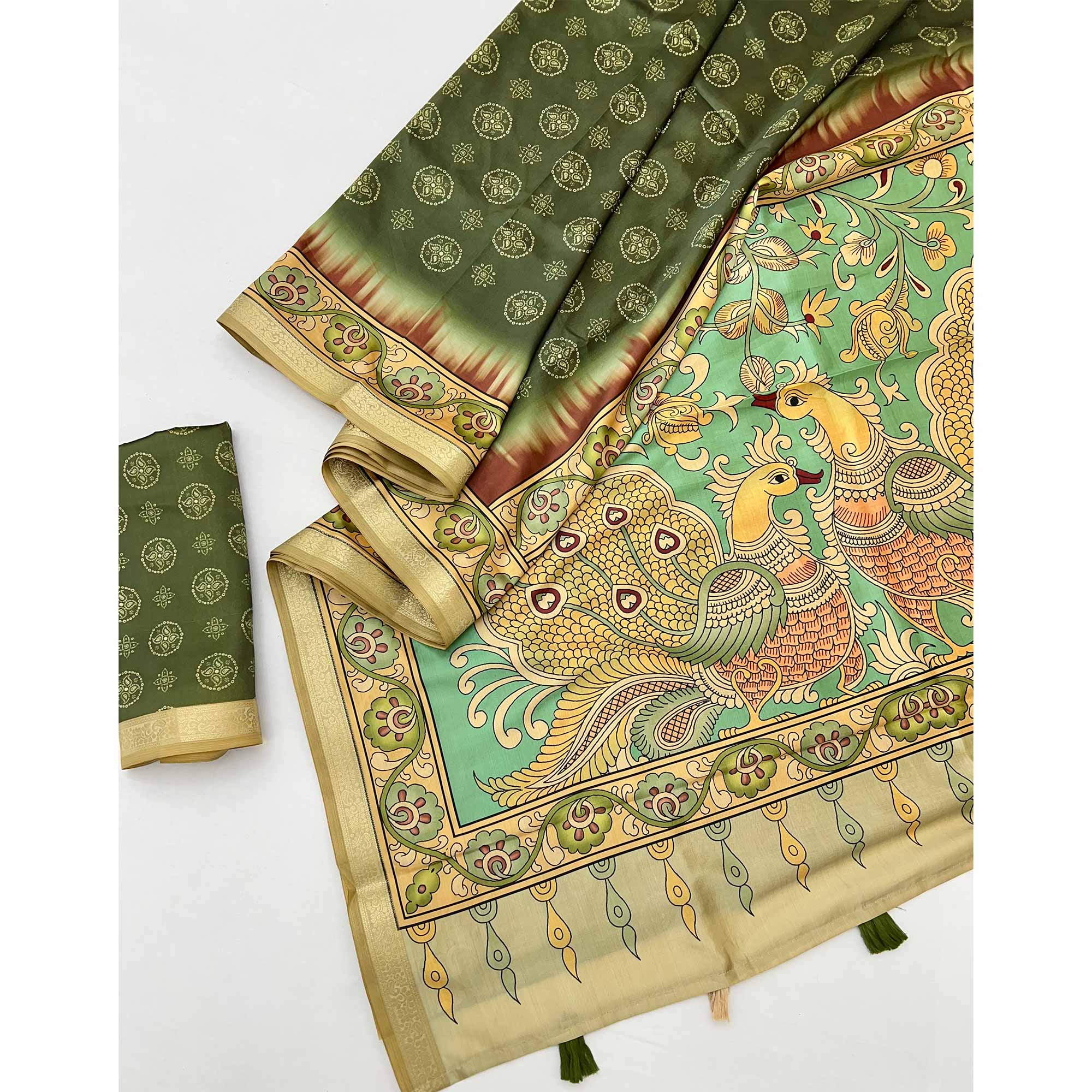 Mehendi Green Traditional Bandhani & Floral Digital Printed Art Silk Saree With Peacock Motif Pallu