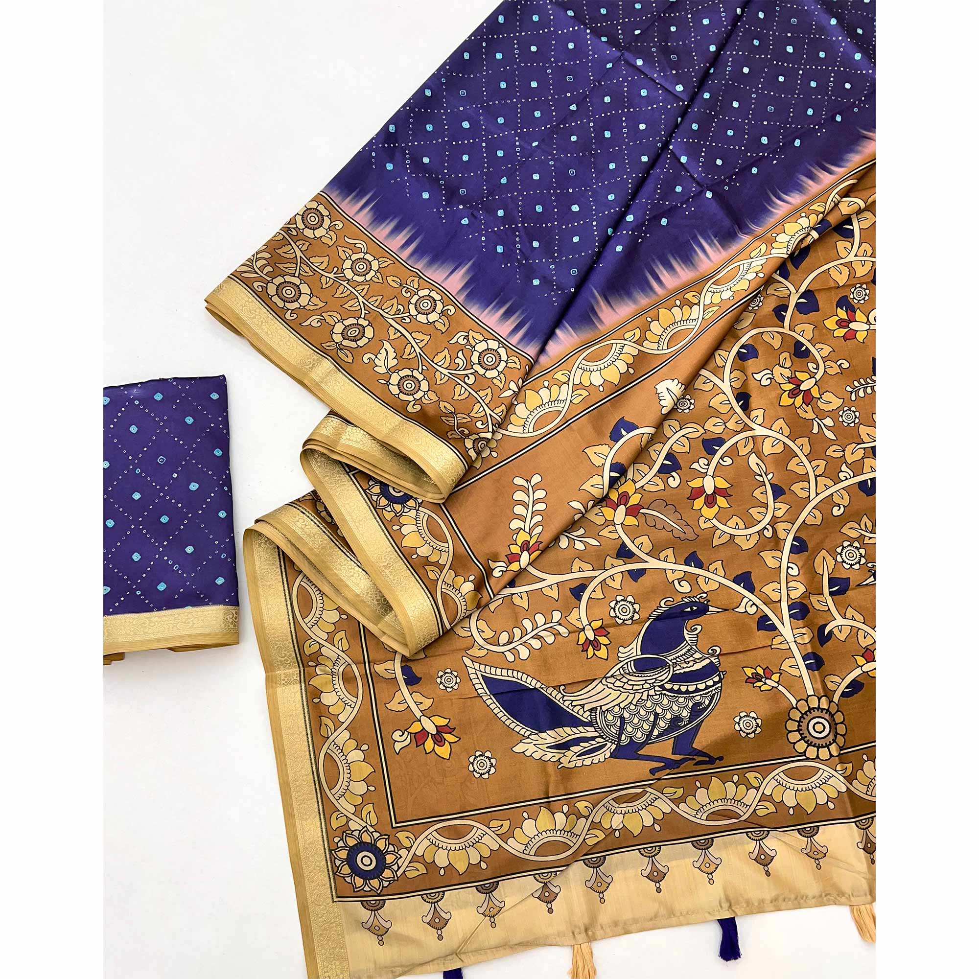 Blue Traditional Bandhani & Floral Digital Printed Art Silk Saree With Peacock Motif Pallu